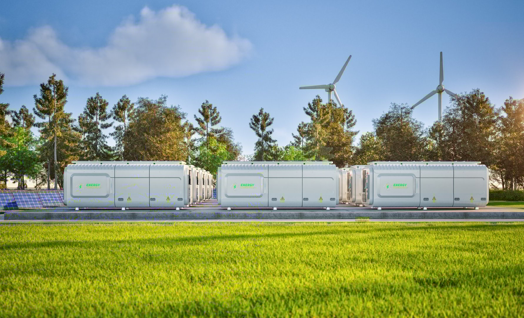 3d rendering group of energy storage systems or battery container units with zero emission