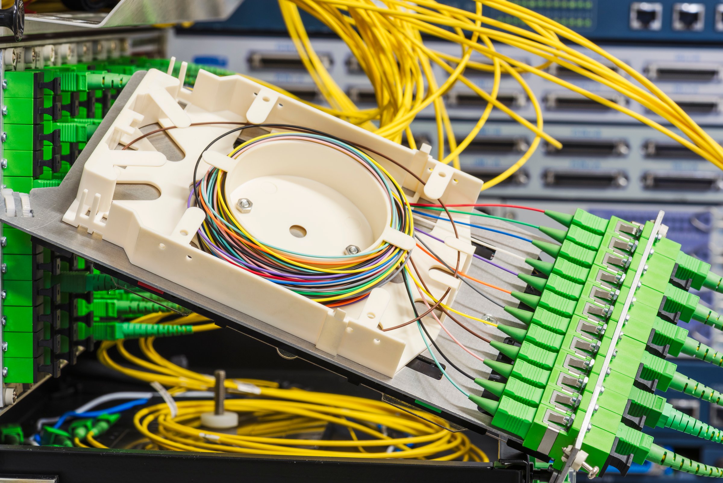 Fiber Optic Distribution Frame in Telecommunication Optical Network Close-up