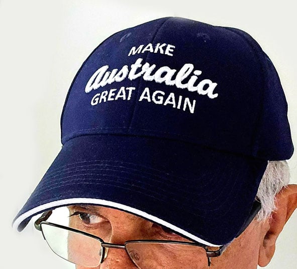 Person wearing a blue hat with the phrase "Make Australia Great Again" embroidered in white, glasses visible at the bottom.