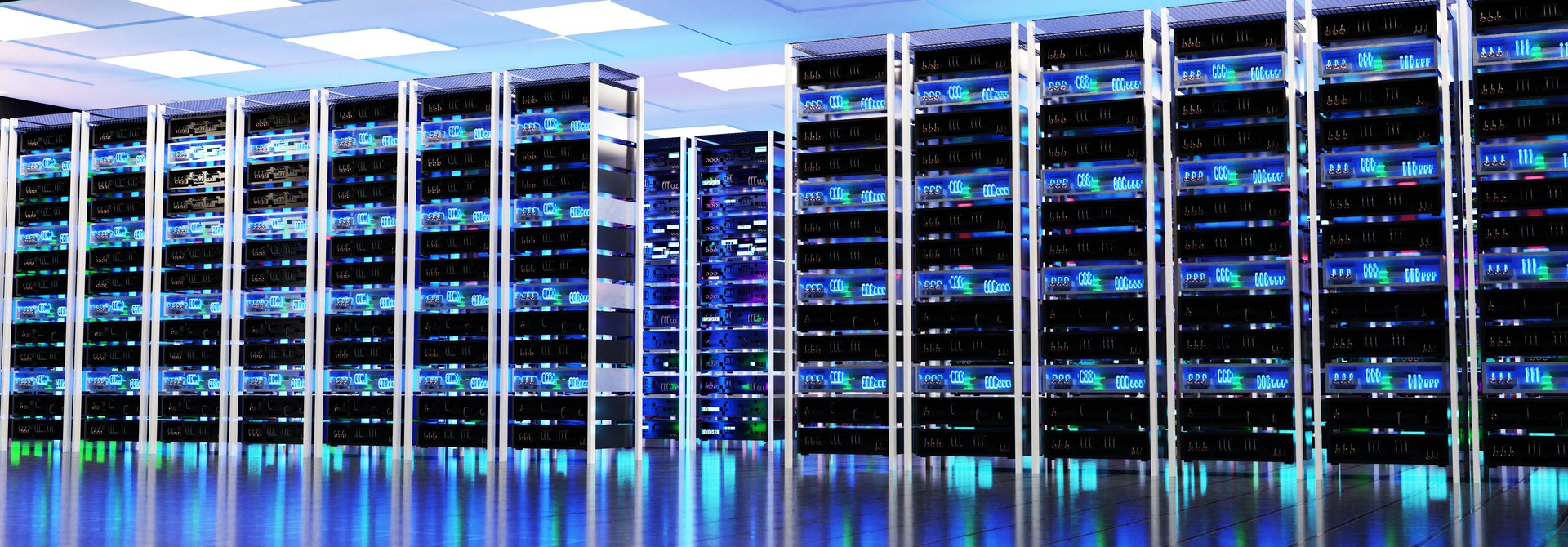 Modern server room with supercomputers, 3d render