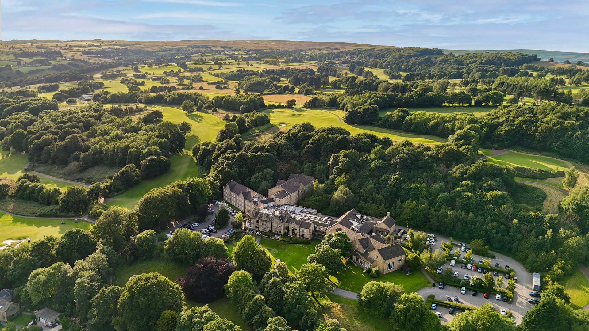 Historic Hollins Hall manor house exterior showing 17th-century architecture