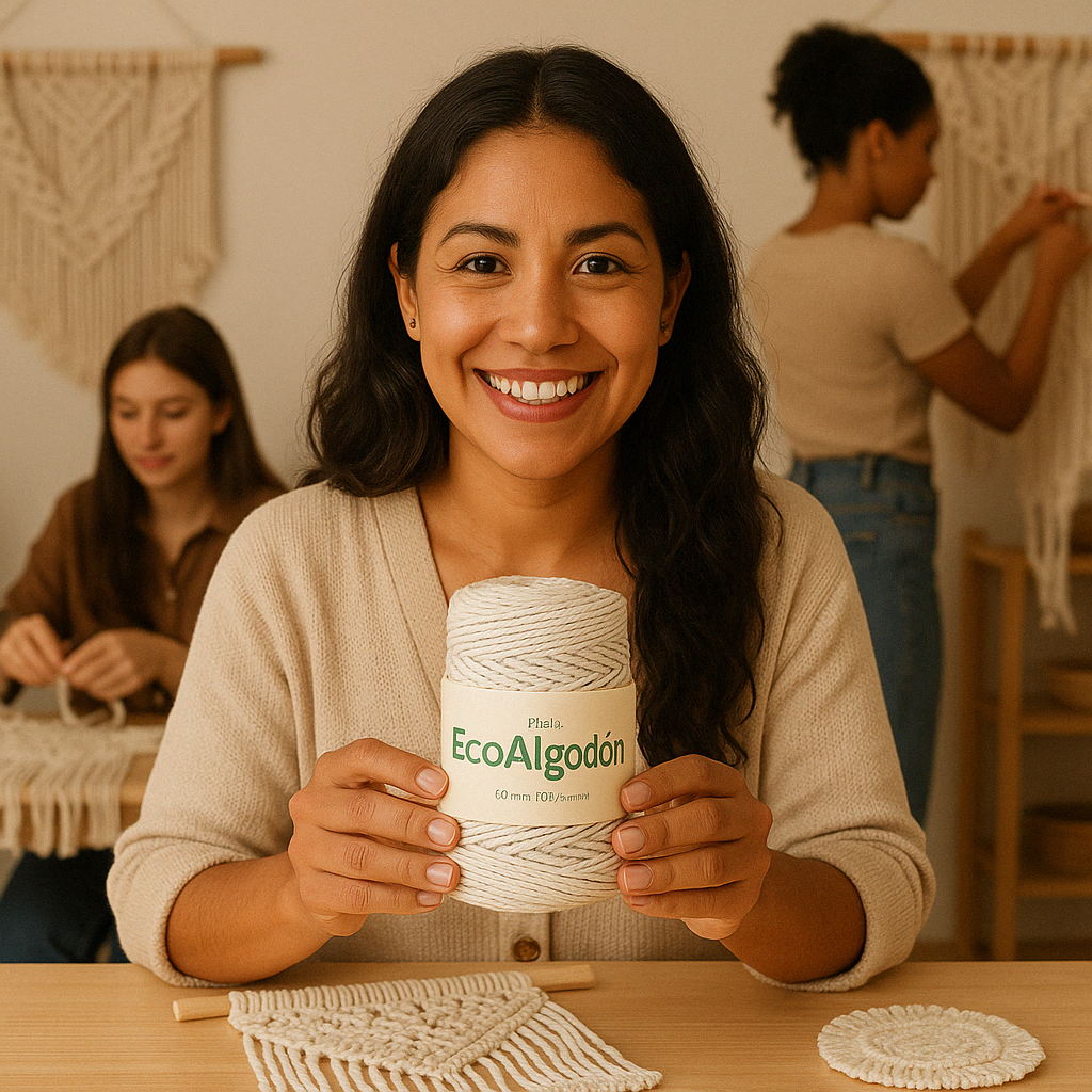 Woman smiling and holding eco-friendly cotton yarn in a craft workshop; others engaged in macramé in the background.