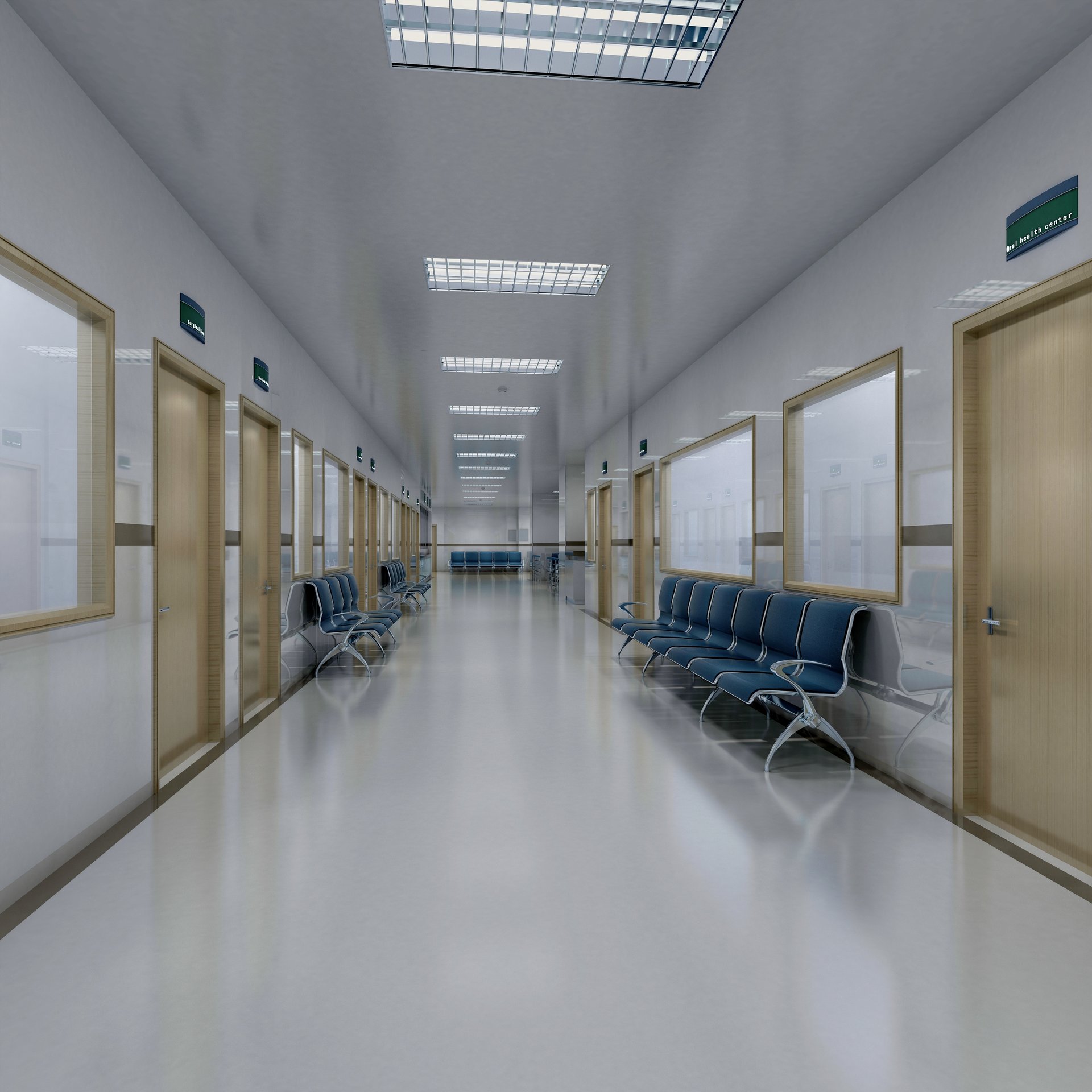 modern hospital corridor  waiting chairs  3d render