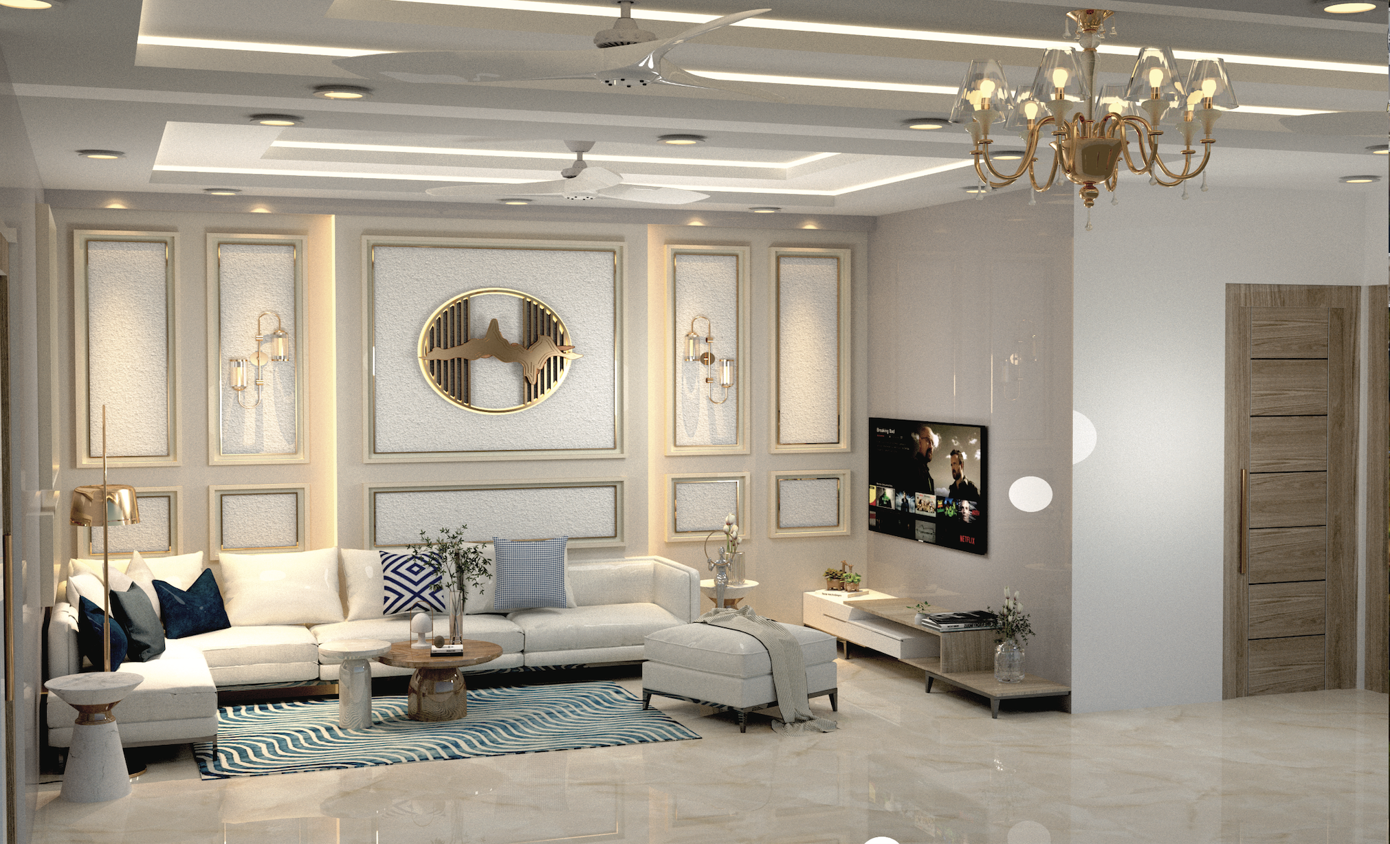 Modern living room with white sectional sofa, elegant chandeliers, wall decor, and a TV mounted on the wall.
