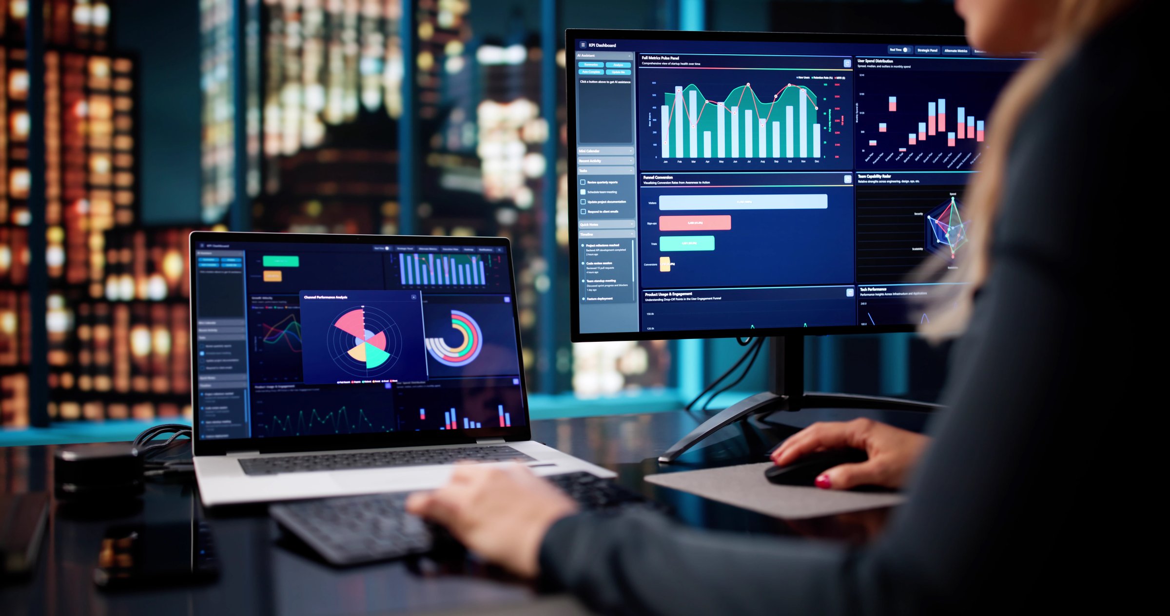 Late Night Analyst Analyzing Data On Laptop For Business Dashboard.