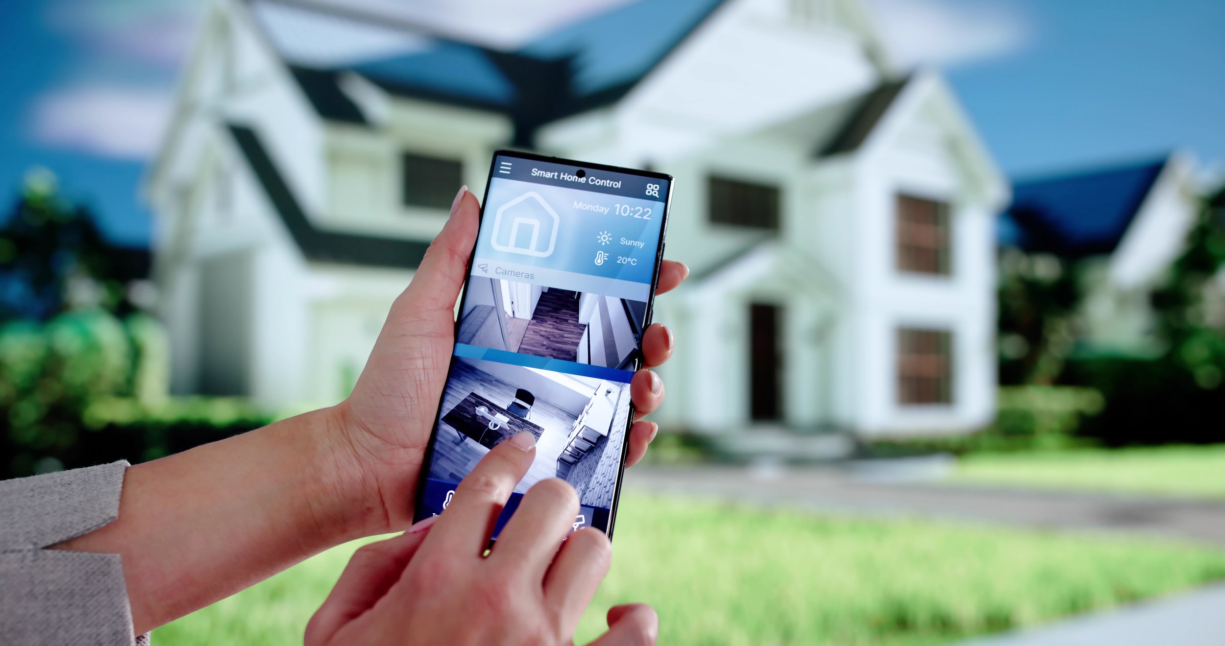 Female Security Guard Monitors Smart House CCTV System On Phone