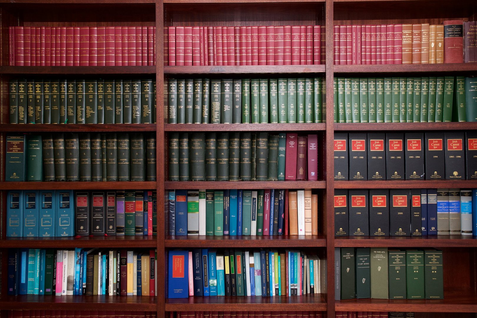 A bookshelf containing volumes of books about Irish Law.