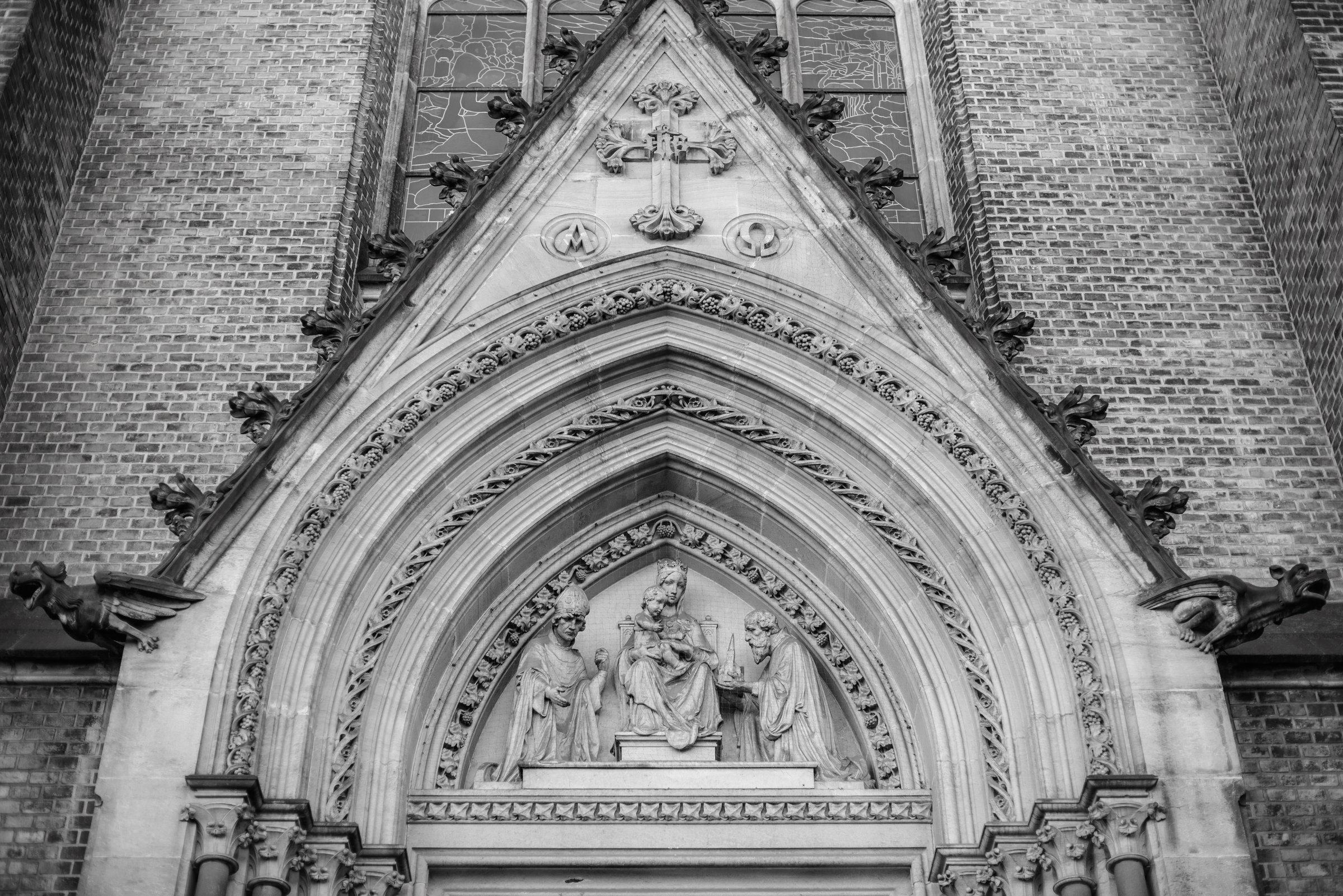 Facade details on the Neo-Gothic Church of St. Prokop on Sladkovskeho square in Zizkov district of Prague, Czech Republic on 3 February 2025