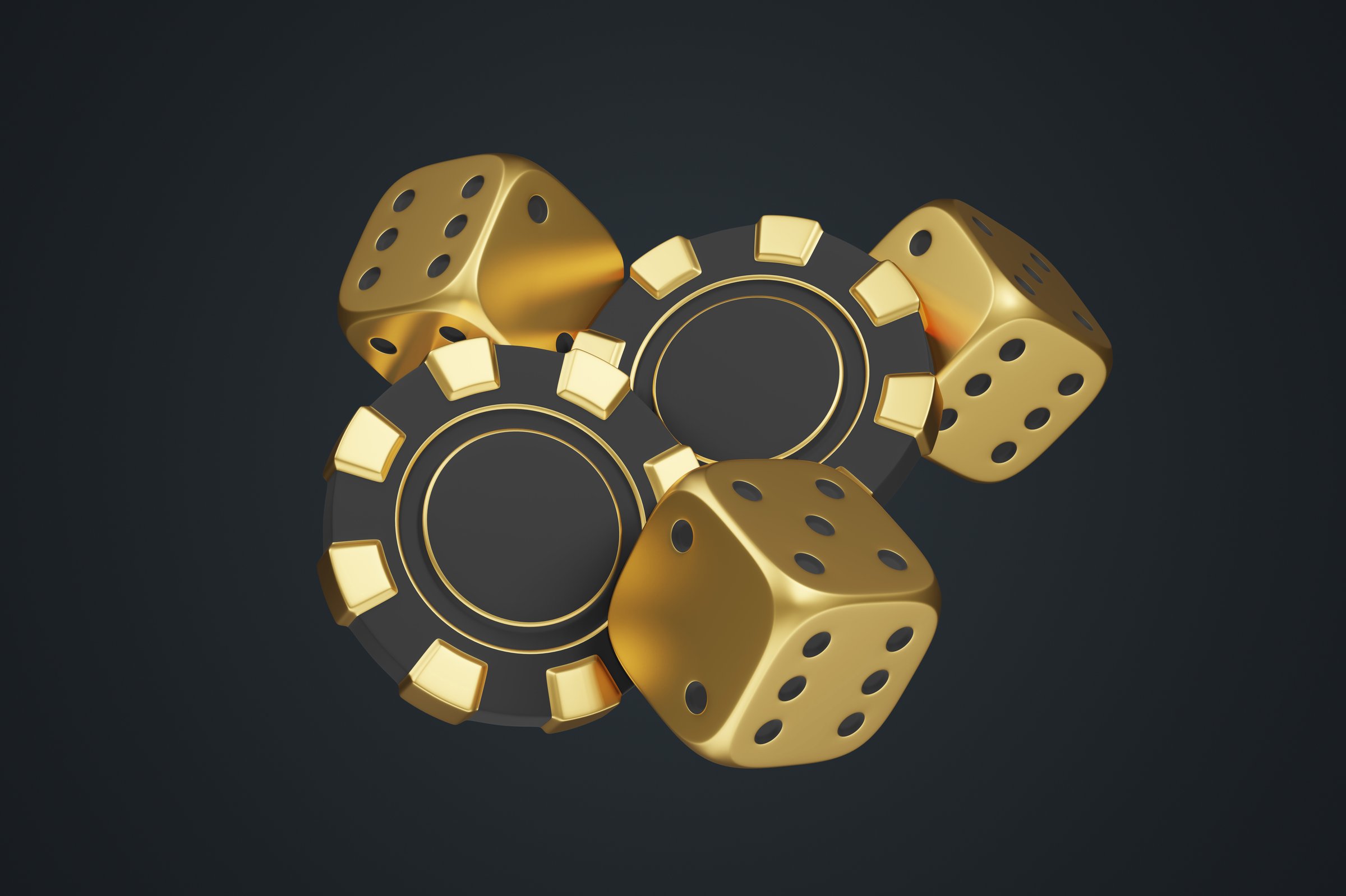 Golden dice and black poker chips with gold accents on a dark background, creating a luxurious and high-stakes gambling theme. 3D render illustration