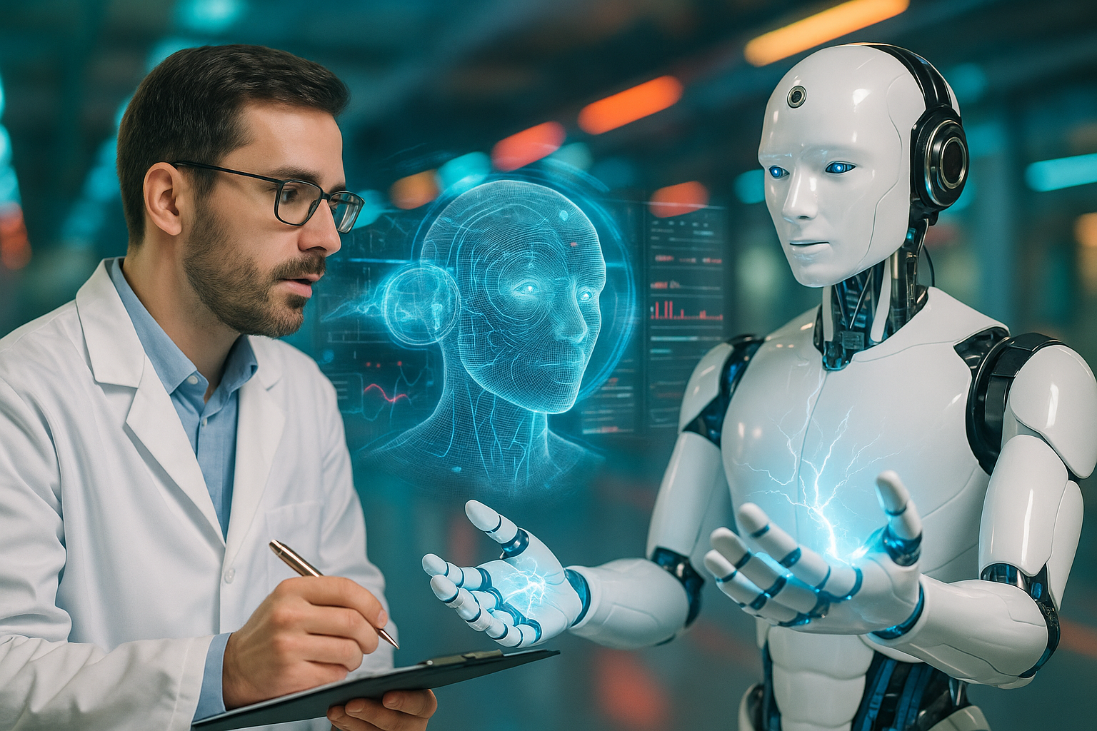 AI Robot analyzing medical files and patient data