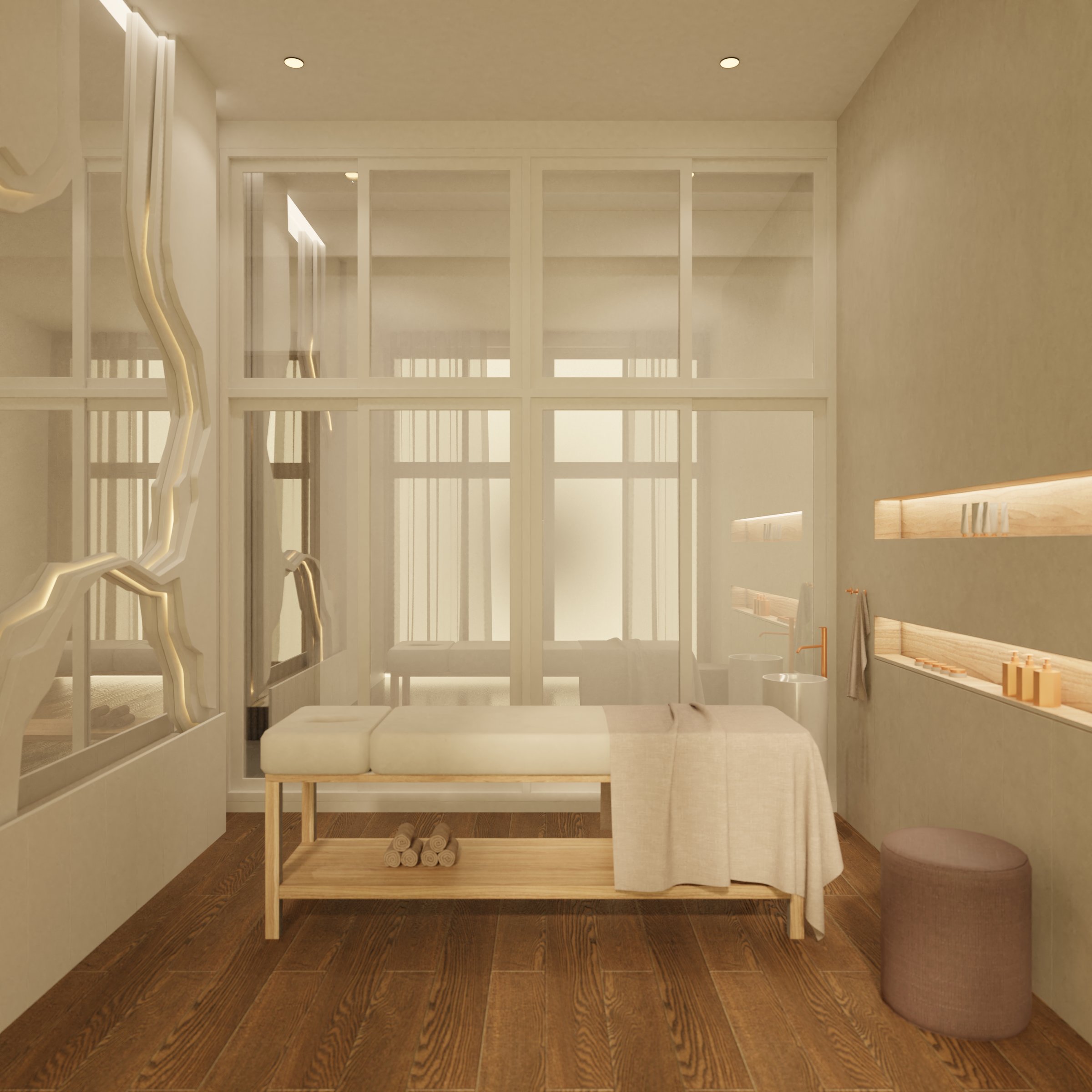 The white spa room features curved, minimalist walls and mirrors that reflect the reflection inside the room, along with a spa bed and sink on a wooden floor.3d render