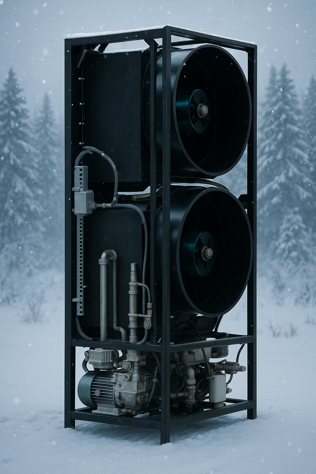 Industrial equipment with two large circular fans, set in a snowy forest environment.
