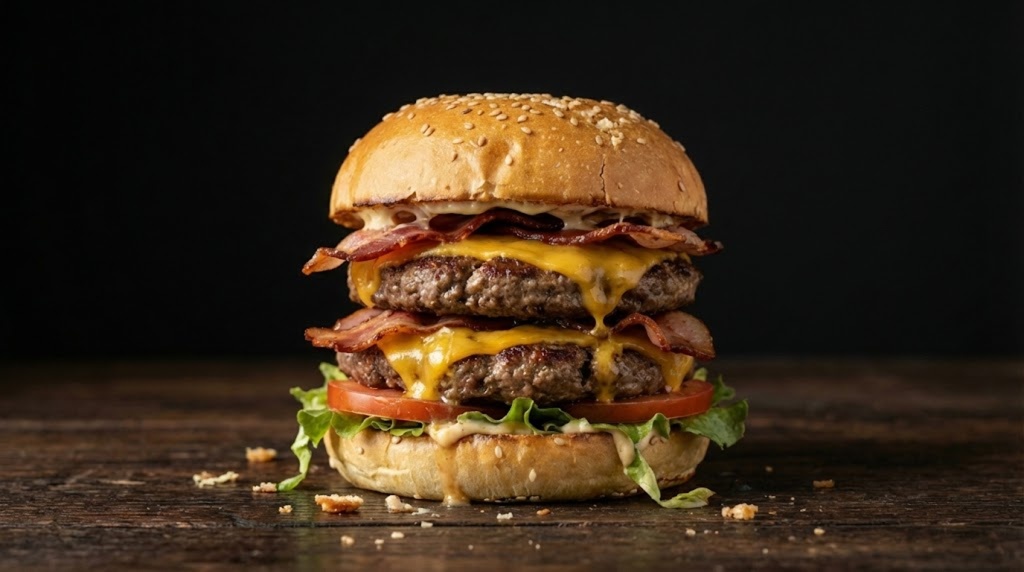 Delicious gourmet double handmade burger with double cheddar, special white sauce, crispy bacon and sesame seed bun, served on a round wooden cracker with a dark bottom.