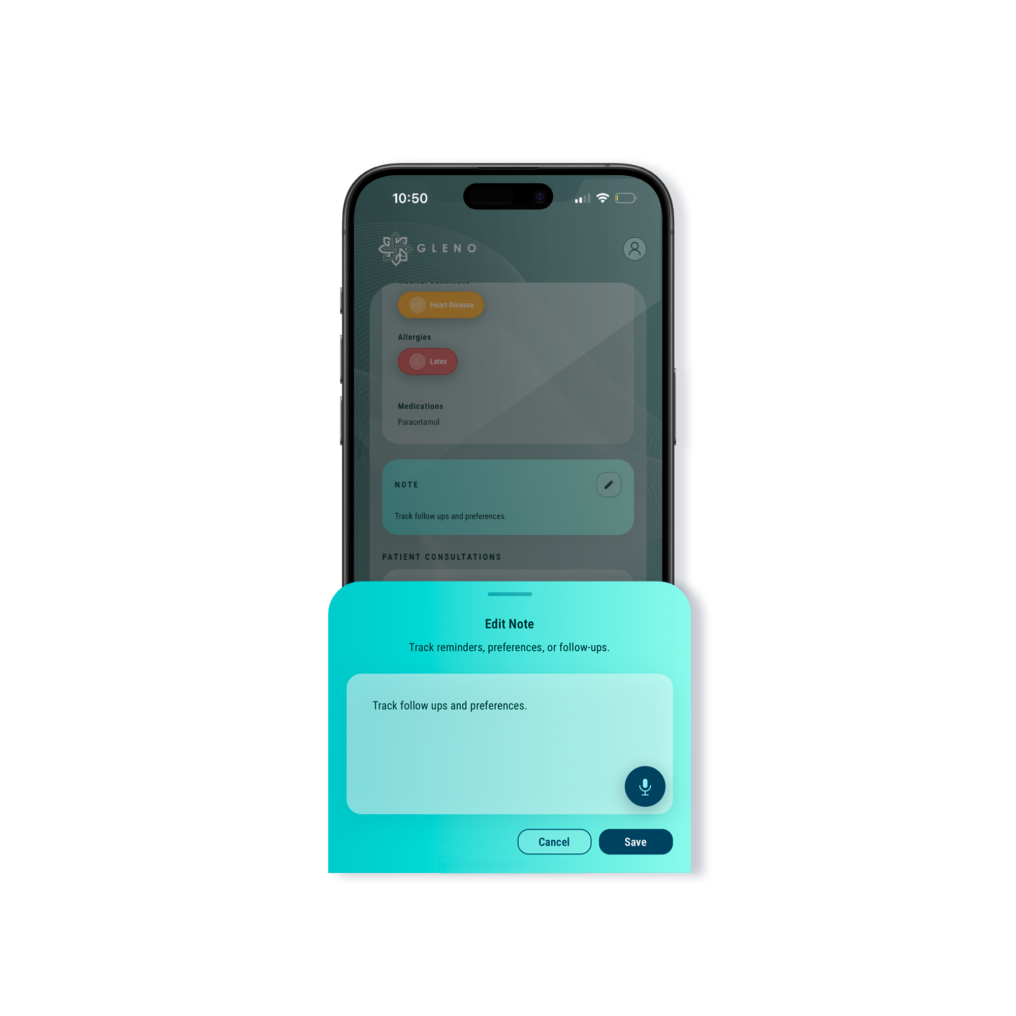 Gleno app showing real-time patient insights dashboard