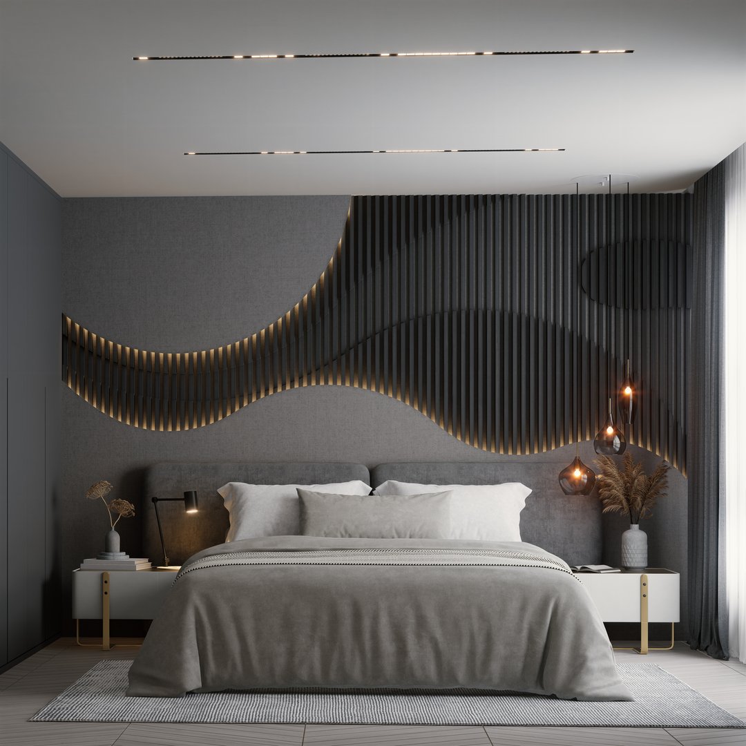 Modern bedroom featuring stylish wall design with flowing patterns