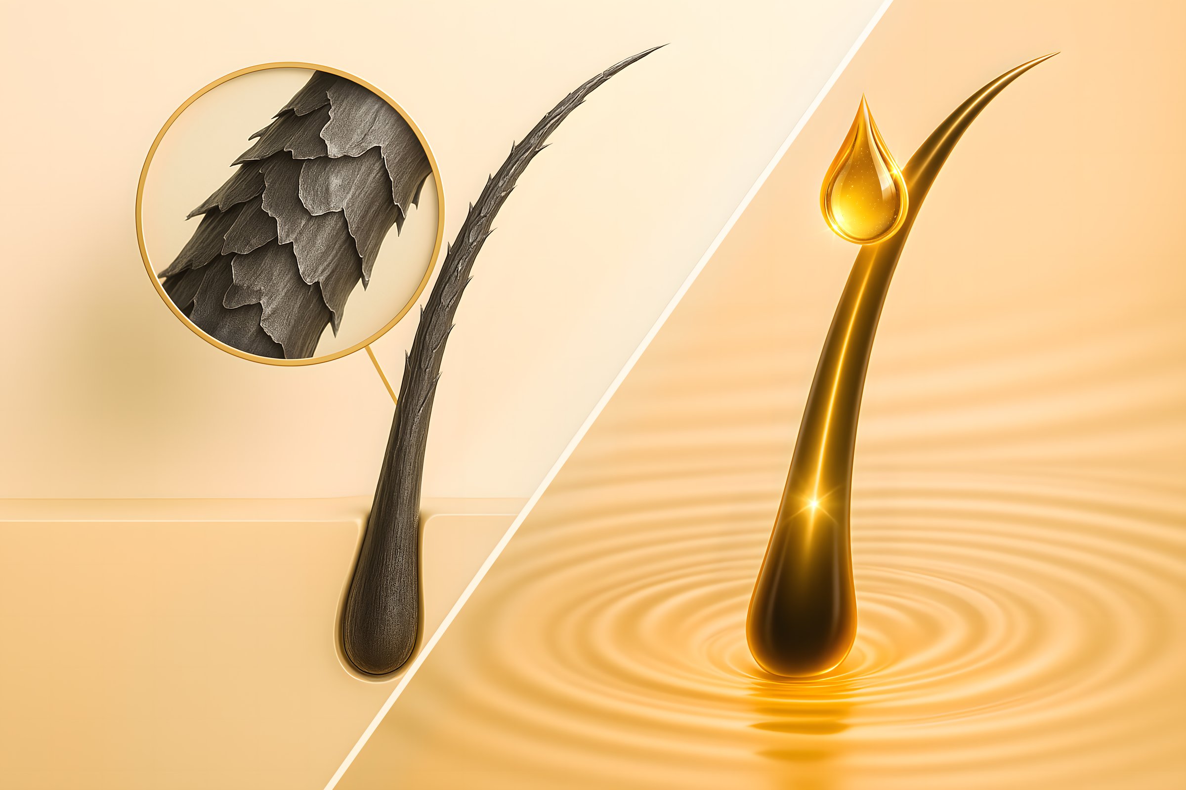 High-end 3D illustration showing before-and-after hair condition. The left side highlights damaged hair cuticles under magnification, while the right shows smooth, healthy hair treated with nourishing