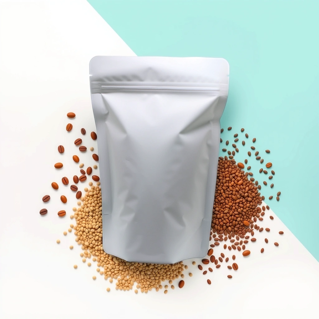 White stand-up pouch surrounded by various grains on a white and teal background.