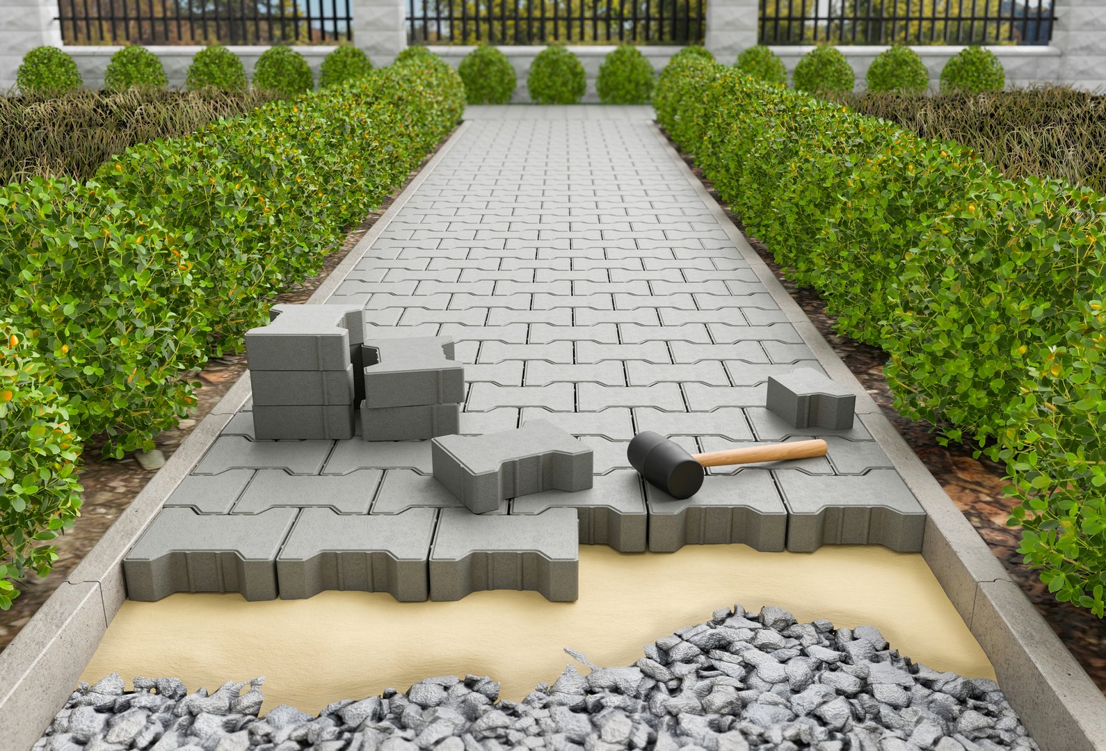 Laying of self-locking paving blocks on garden walkway - 3d rendering