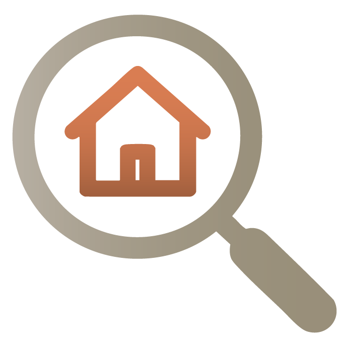 Magnifying glass icon with a house symbol inside, representing a focus on real estate or property search.