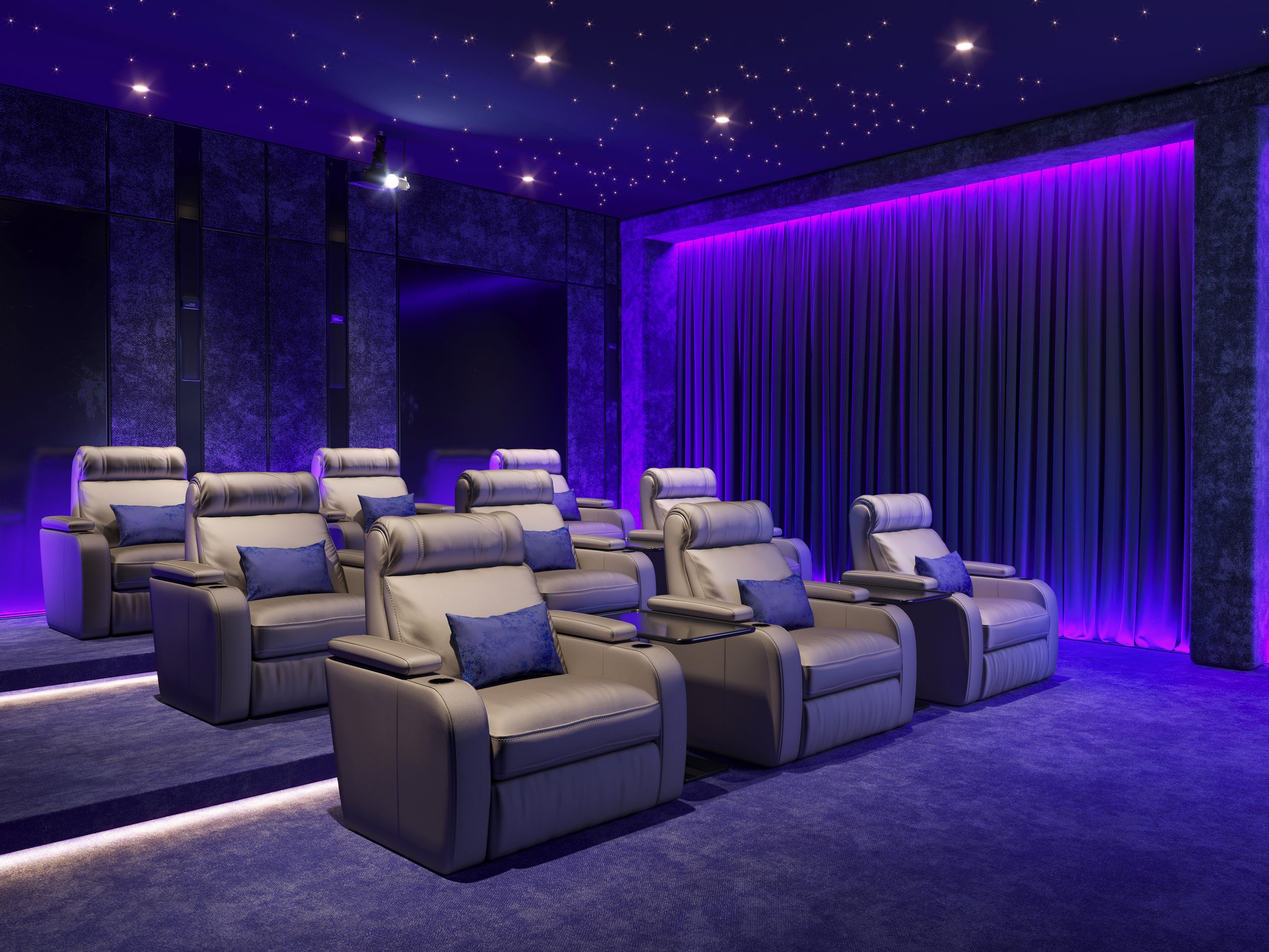 3d render of a chic home cinema room with hidden purple lights and velvet armchairs a big movie screen