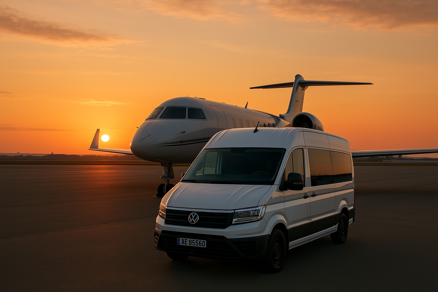 A white van parked near a private jet on an airport tarmac during a vibrant sunset.