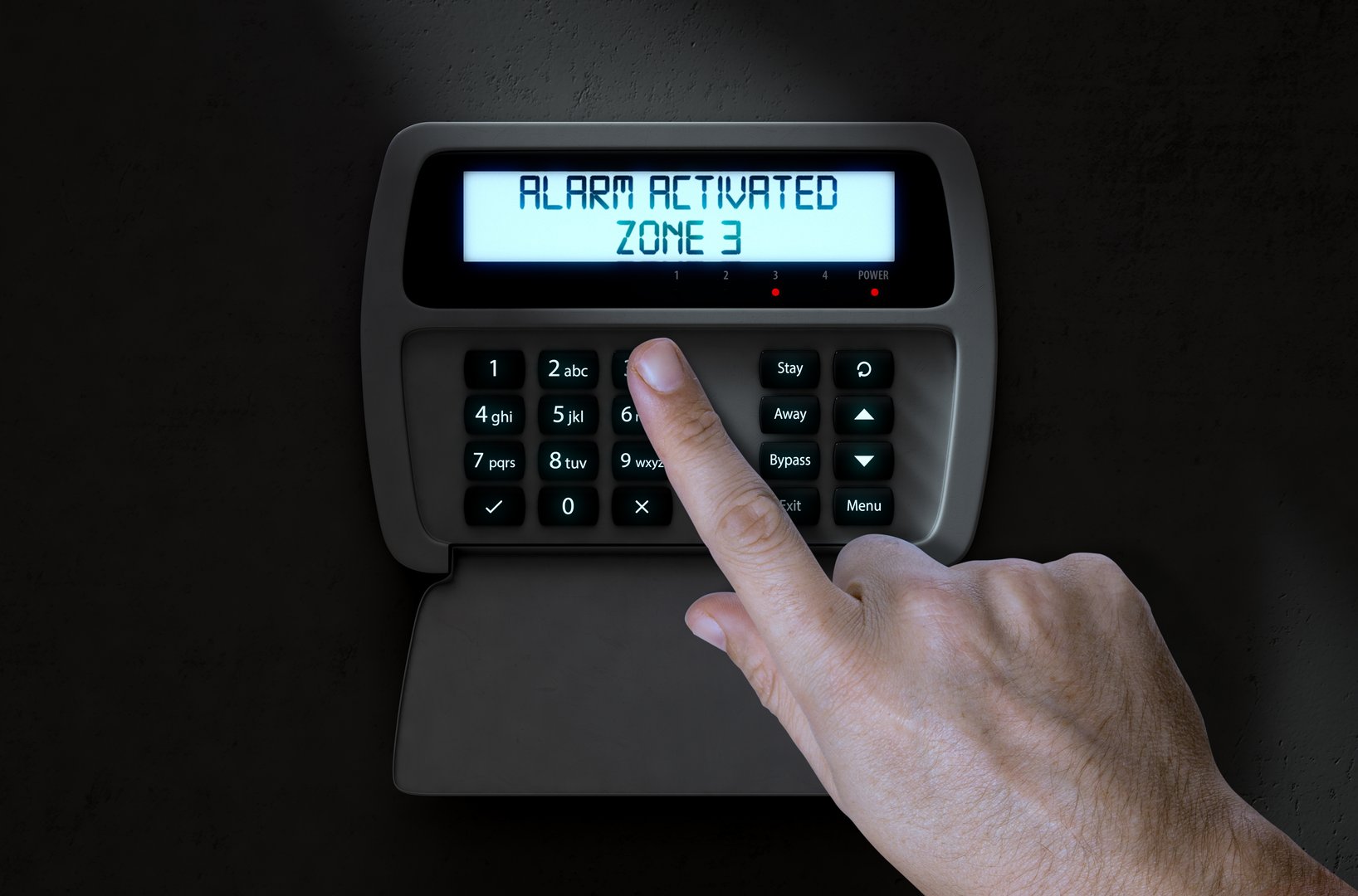 A male hand pressing a button of a home security control panel at night - 3D render