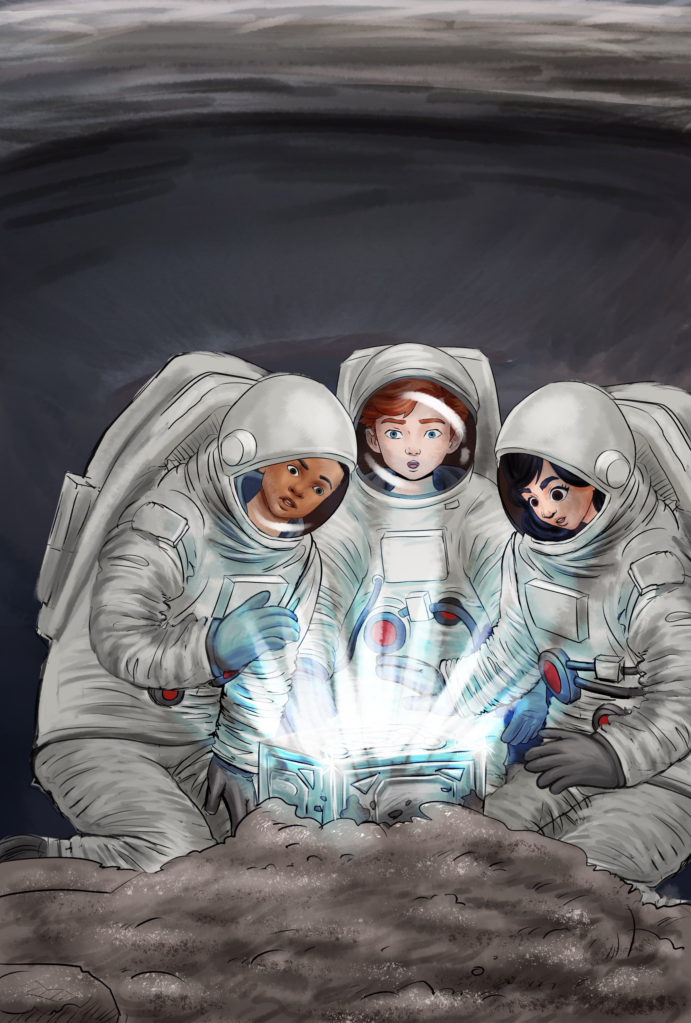 Three astronauts in spacesuits examining a glowing object on a rocky surface in a dimly lit environment.