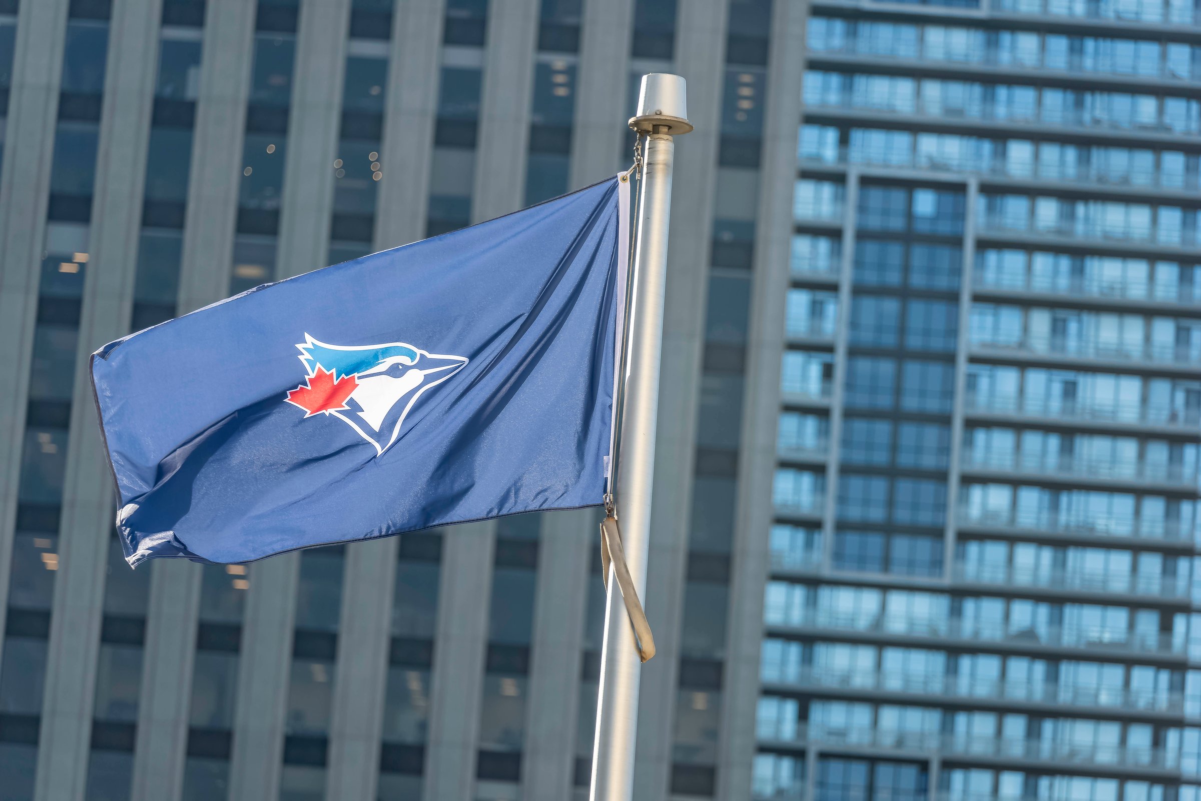 Toronto, Ontario, Canada- October 3rd, 2023: A Toronto Blue Jays flag at Toronto's City Hall's  Nathan Phillips Square.