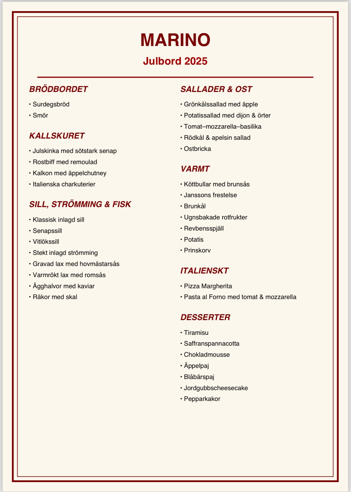 Julbordsmeny 2025 på Marino