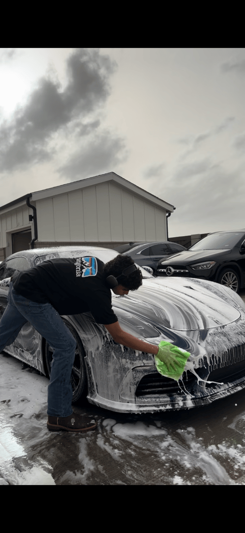Professional auto detailer at work