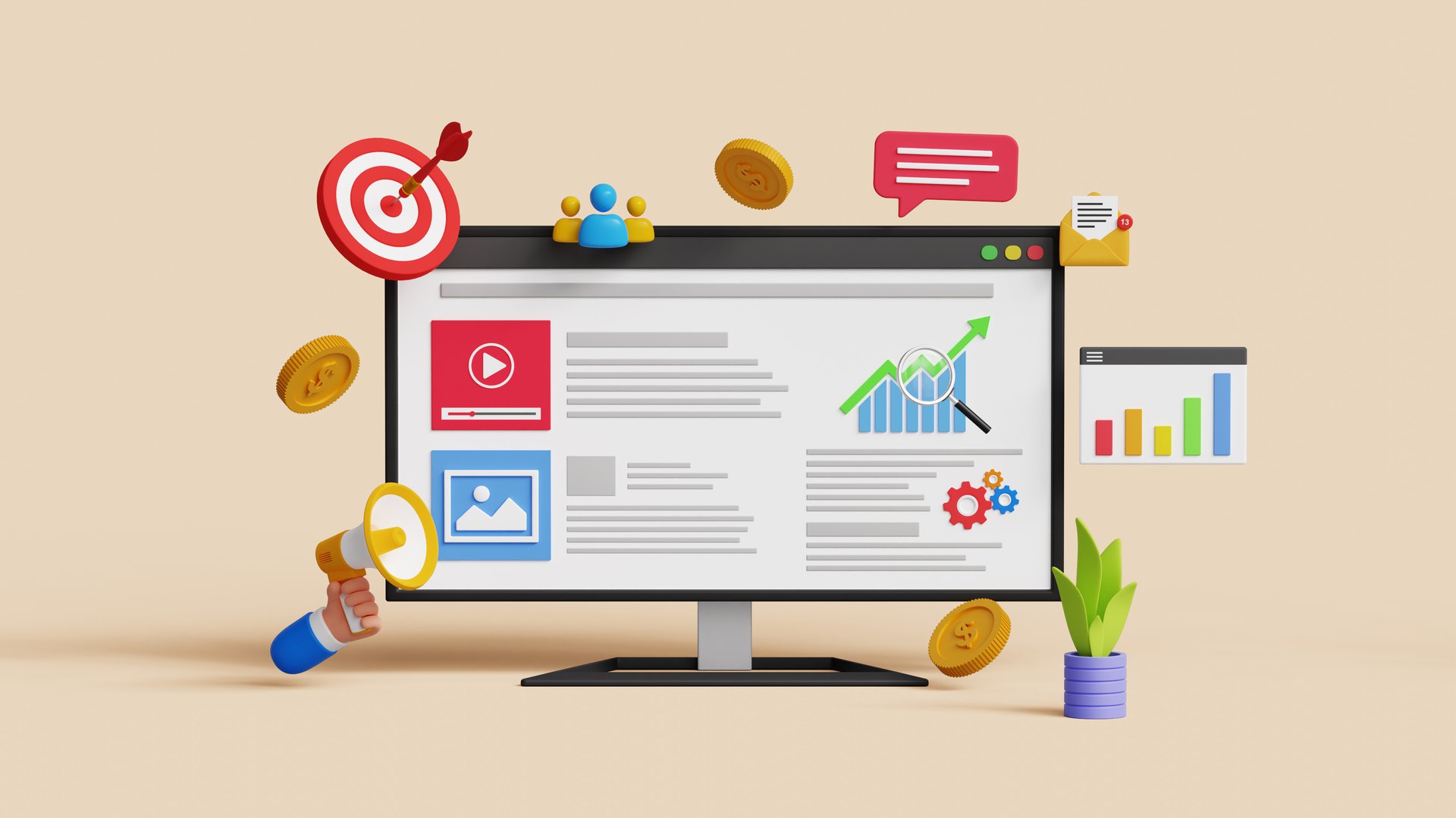 Digital marketing or advertising, data analysis concept. 3d computer with social network and media communication