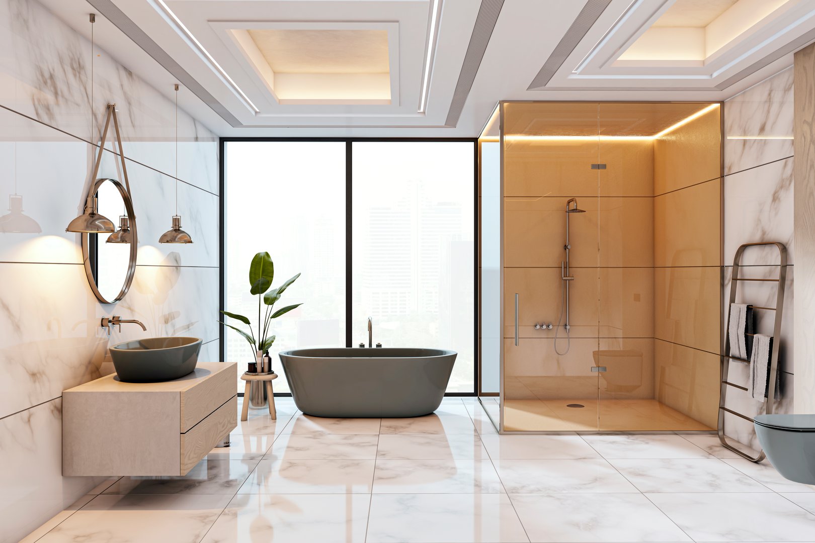 Luxurious modern bathroom with marble walls and floor, freestanding tub, glass partition shower, and city view background. 3D Rendering