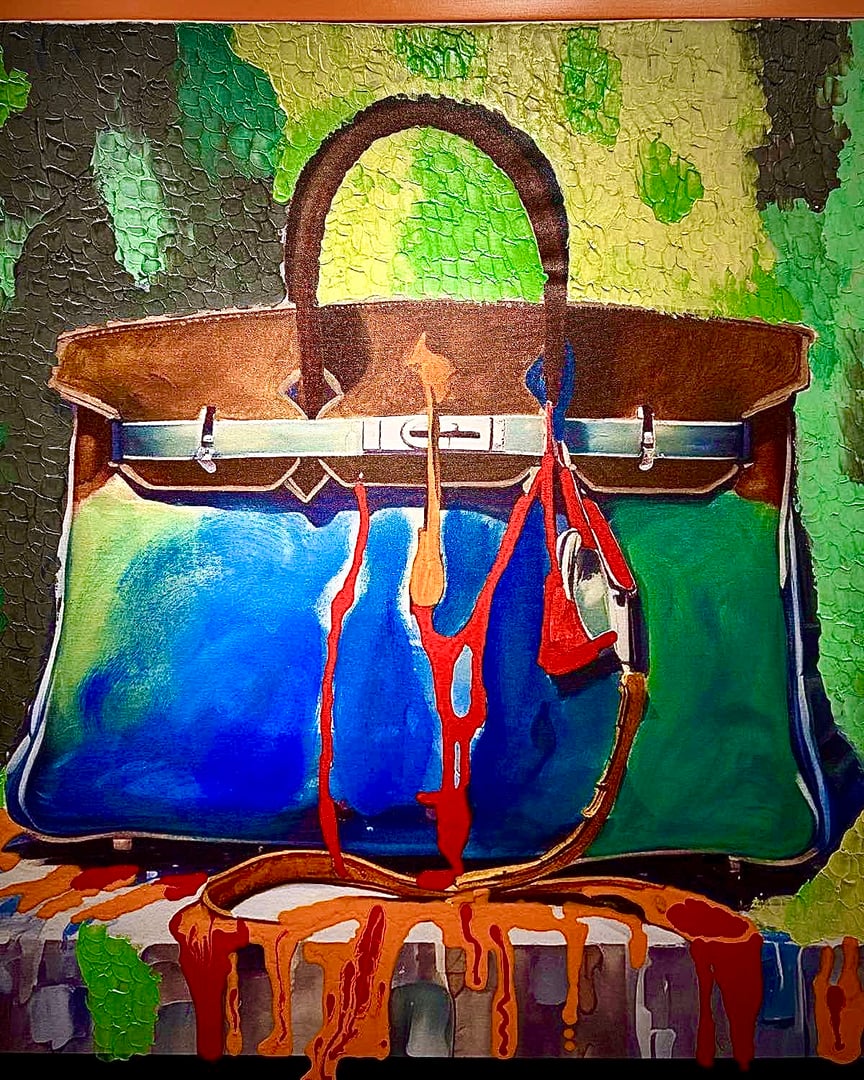 A colorful, melting handbag painted against a textured green background, with drips and vibrant hues of blue, orange, and brown.