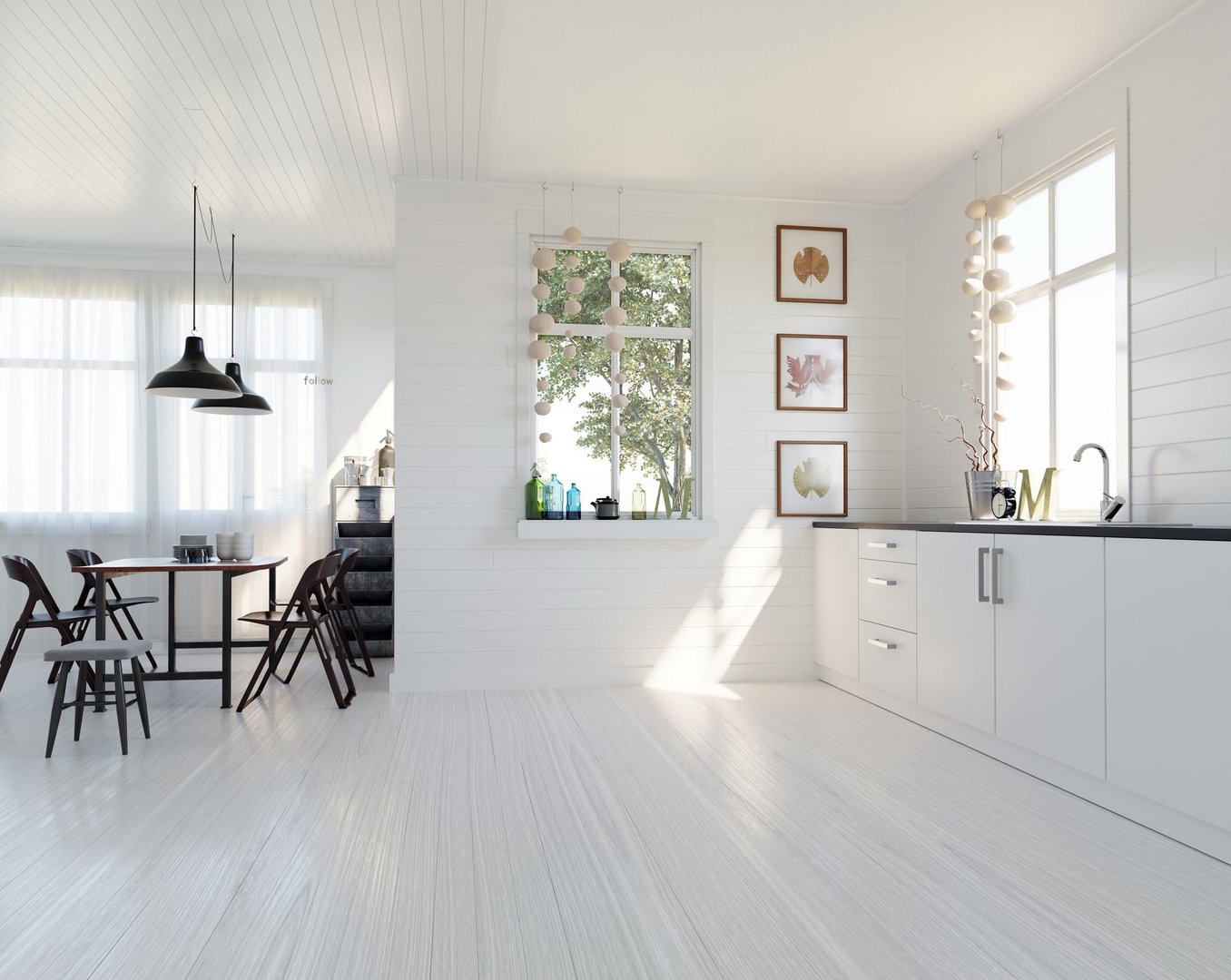Kitchen-dining: shiplap walls ceiling, wood floors. Windows light. Cabinets top sink. Table chairs pendants. Decor: art bottles tree. Copy space. 3D rendering.