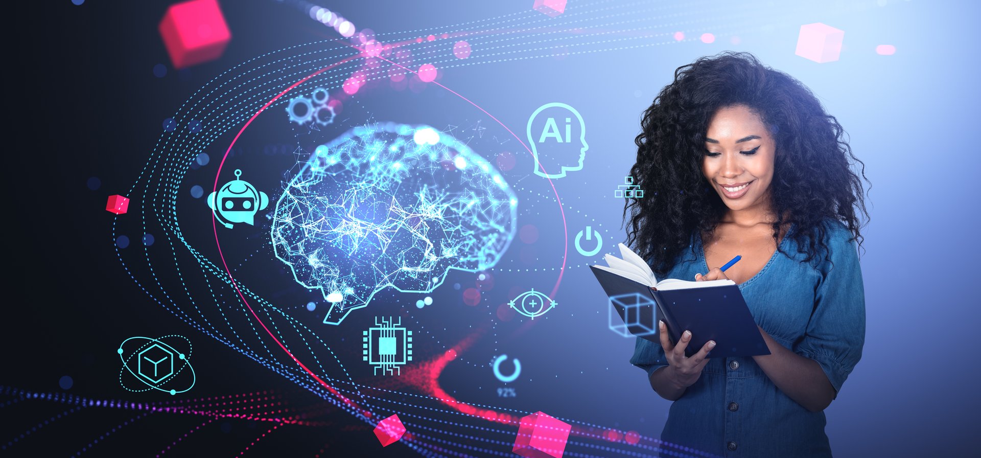 Woman writing in a notebook with digital brain and AI icons around. Blue background. Concept of artificial intelligence in education and study