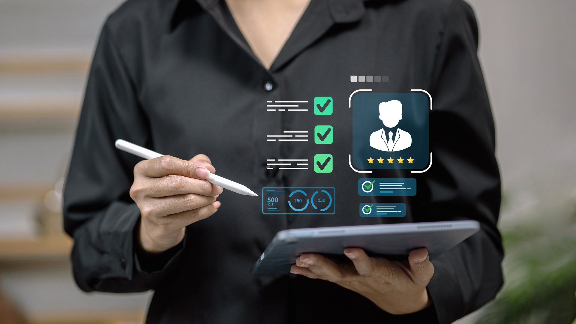 Business professional using tablet with customer profile and analytics hologram, CRM, HR technology, performance evaluation, and digital business solution.