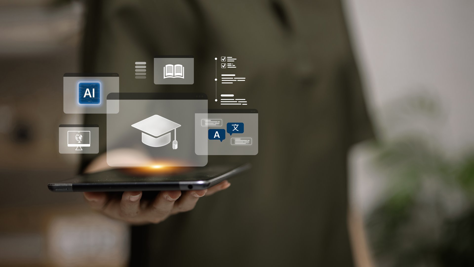 Digital learning and artificial intelligence concept with education icons floating above a tablet in hand, symbolizing online courses, e-learning, and technology in education.