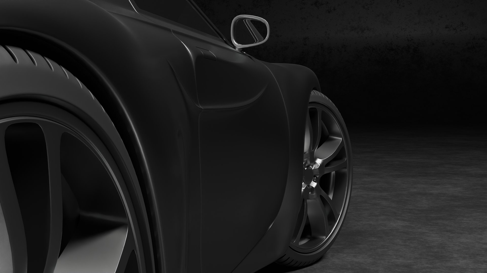 Close up side view metallic sport car with rims modern style in dark scene 3D rendering vehicle wallpaper backgrounds