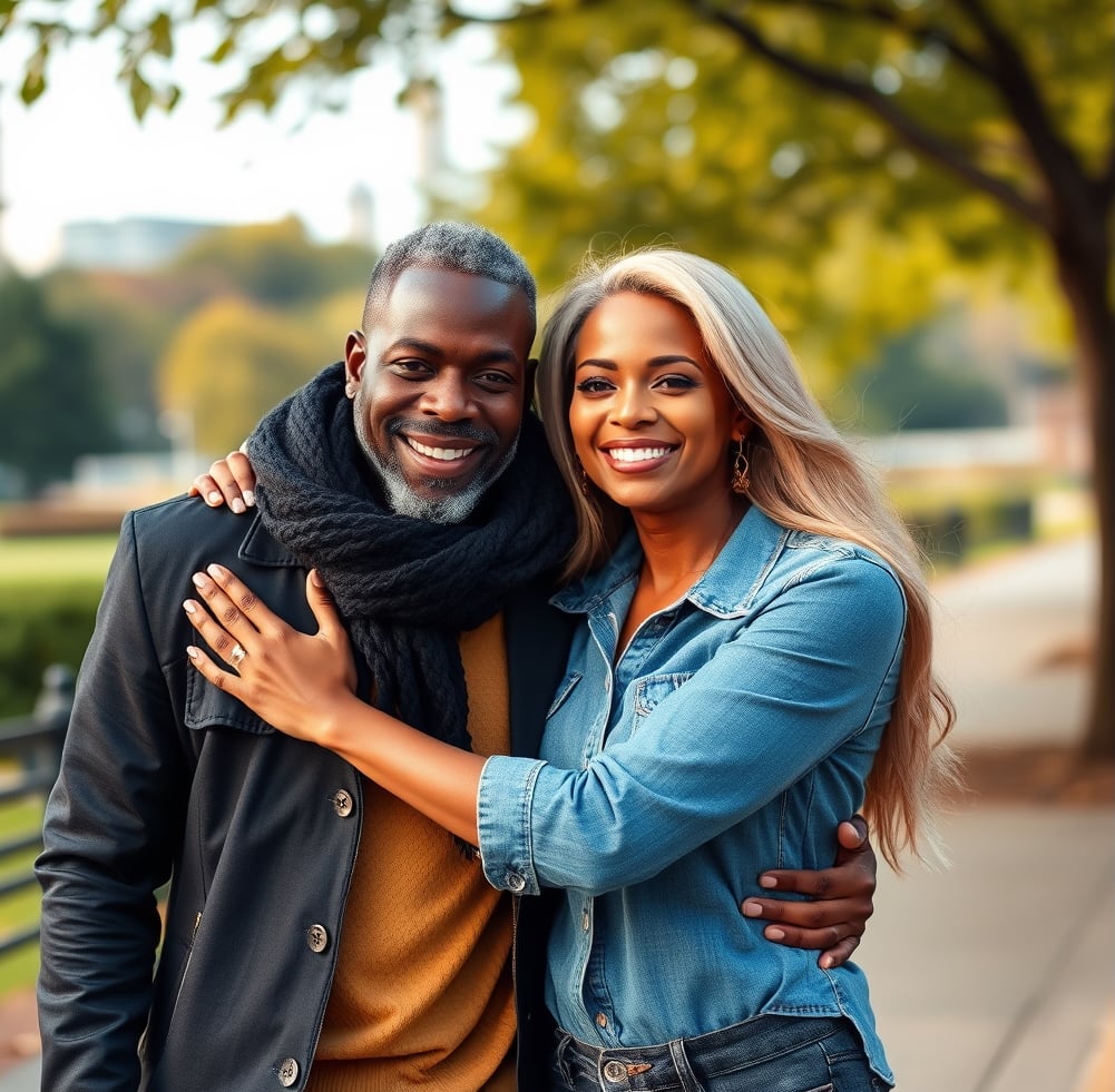 Smiling couple outdoors, embracing on a tree-lined sidewalk in casual clothing.