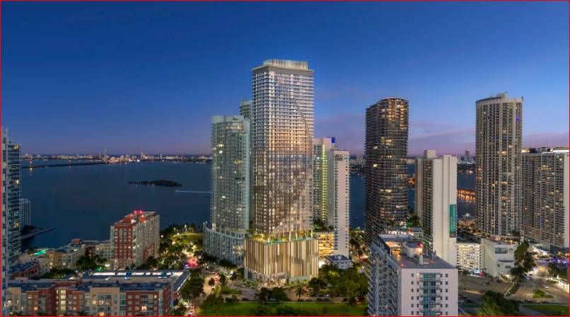Aerial view of a modern city skyline at dusk, featuring illuminated skyscrapers by a waterfront with a vibrant cityscape.