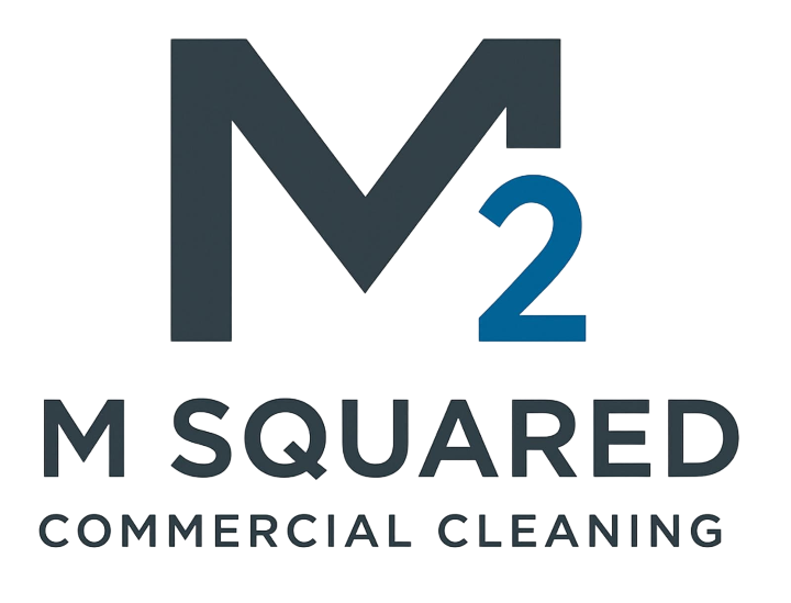 Logo of M Squared Commercial Cleaning with a large M and a 2 in blue, accompanied by text below.
