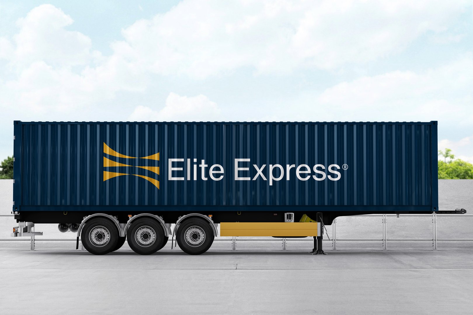 A blue shipping container on a trailer with the logo 'Elite Express' and a yellow design, set against a bright sky.