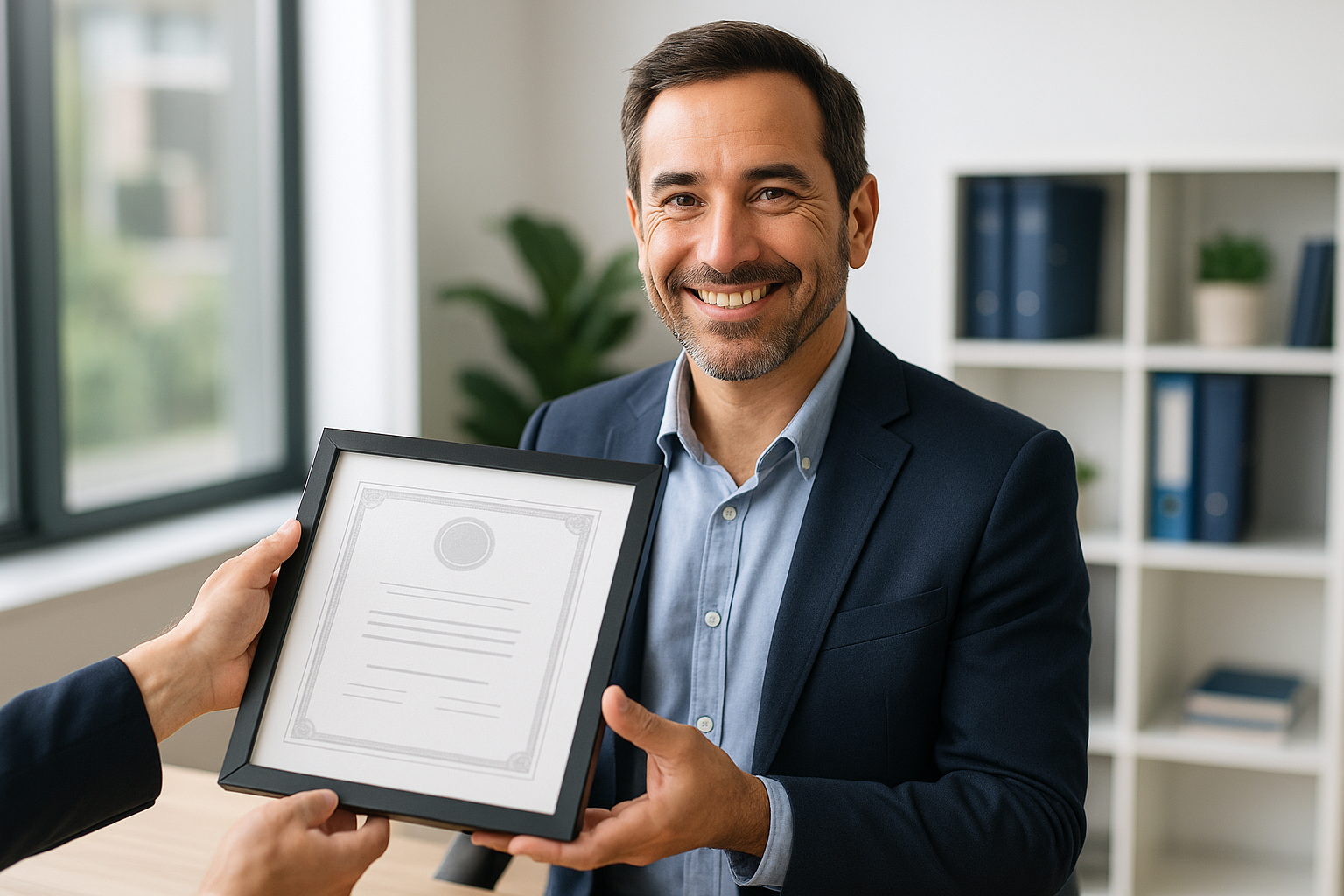 A man wearing suit smiling happy while holding blank white paper