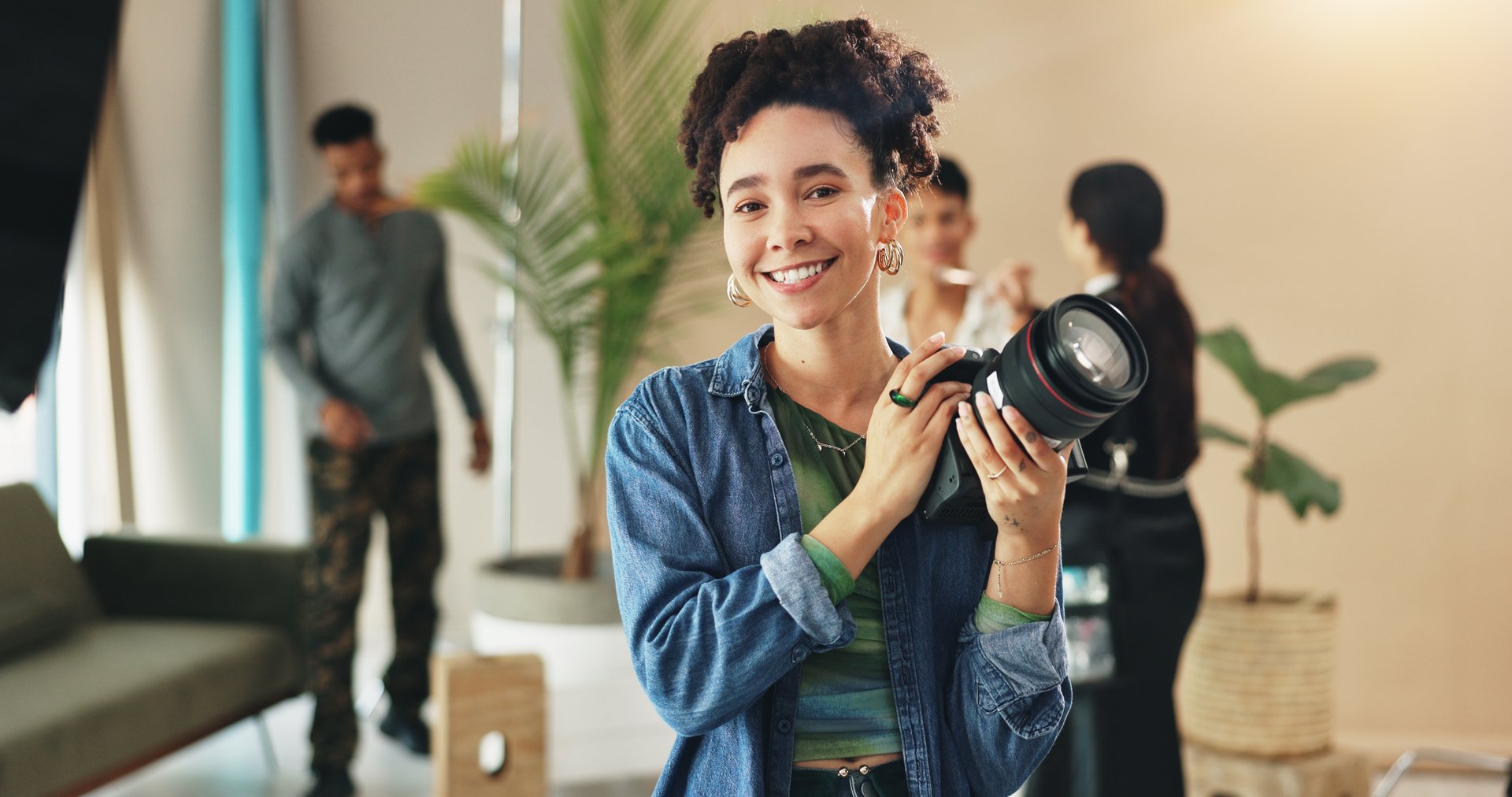 Photography, fashion and camera with portrait of woman in studio for magazine production, backstage and set. Artist, photoshoot and creative with person for ecommerce catalog, shooting and picture