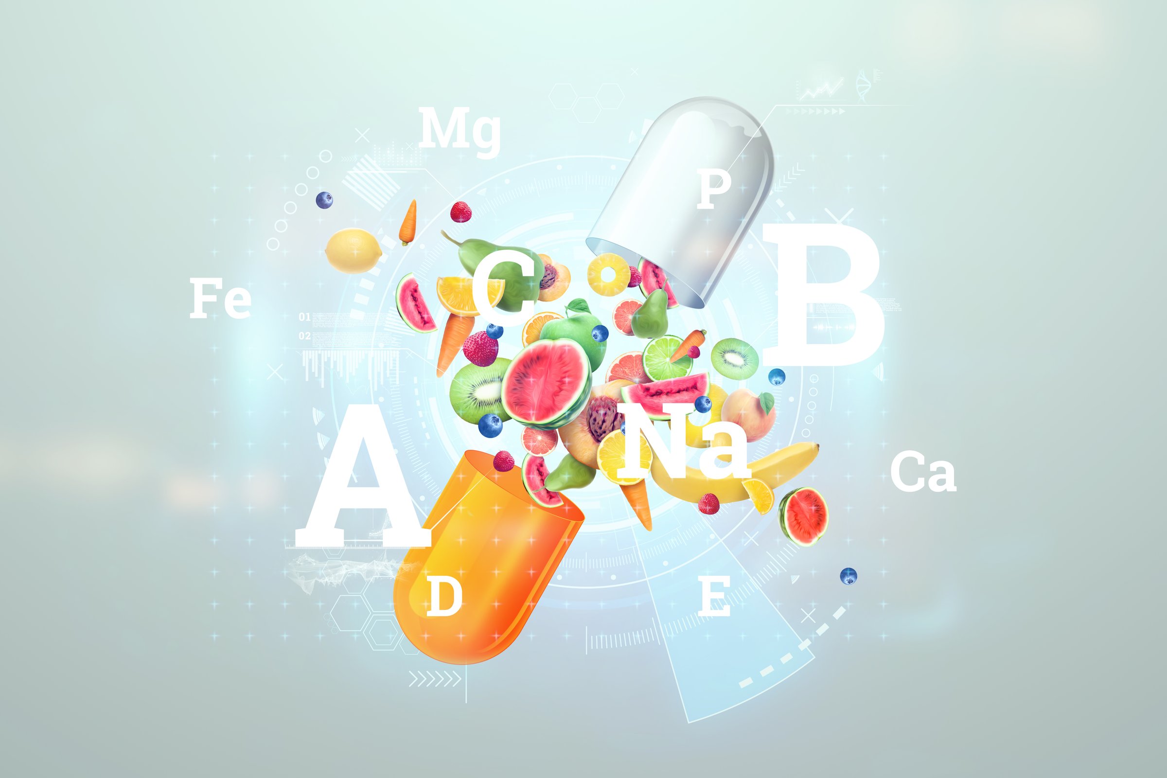 Food supplement in the form of medicinal capsules and nutritional tablets with fruit inside. Alternative medicine, vitamins, naturopathy, health, homeopathy. 3D illustration, 3D render