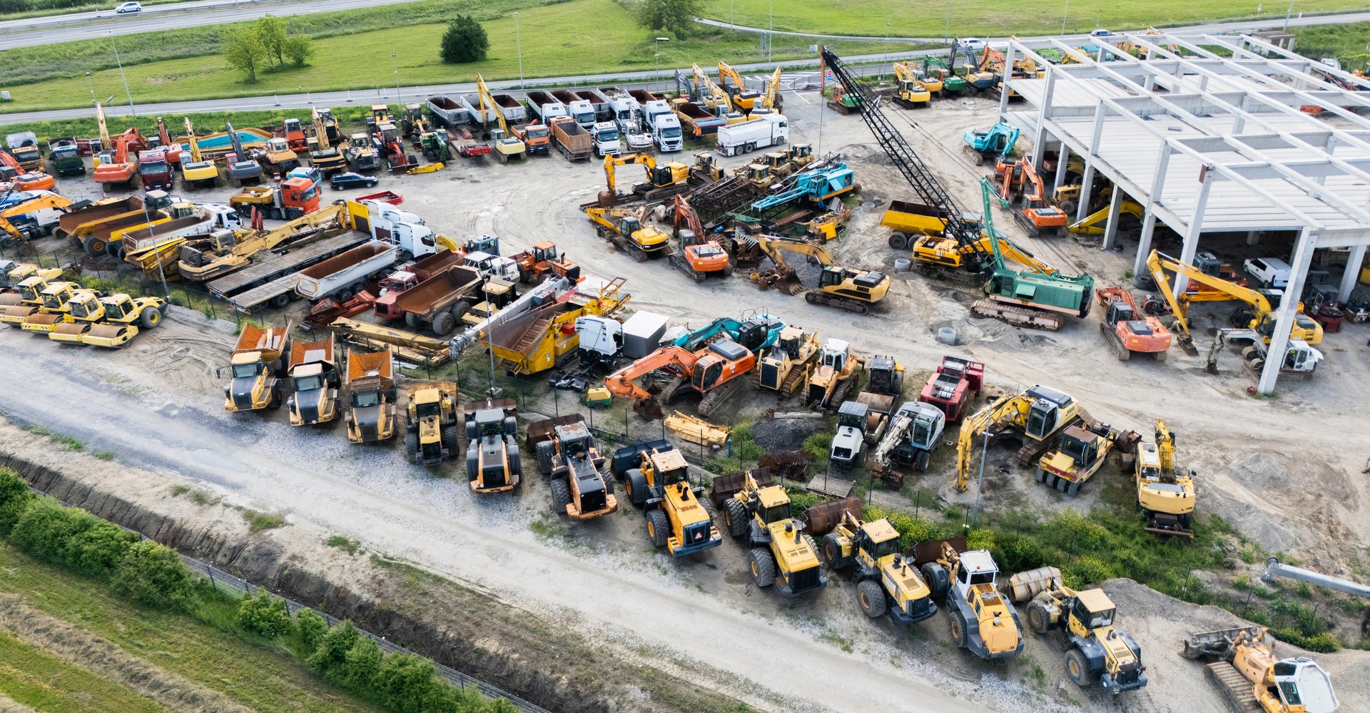Distribution center for used construction machines. Aerial view.