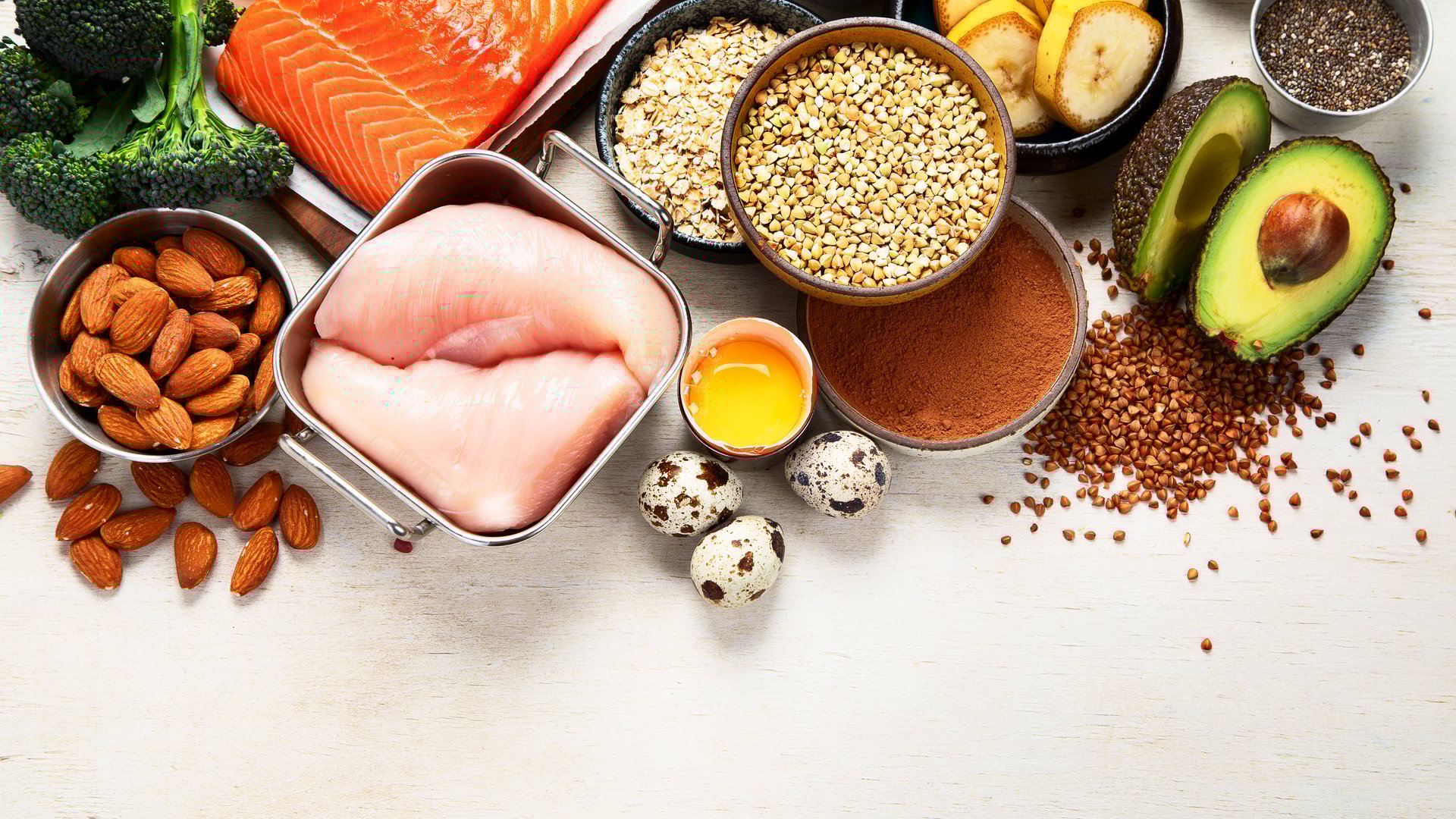 Foods containing natural magnesium (Mg). Healthy food concept. Top view, copy space