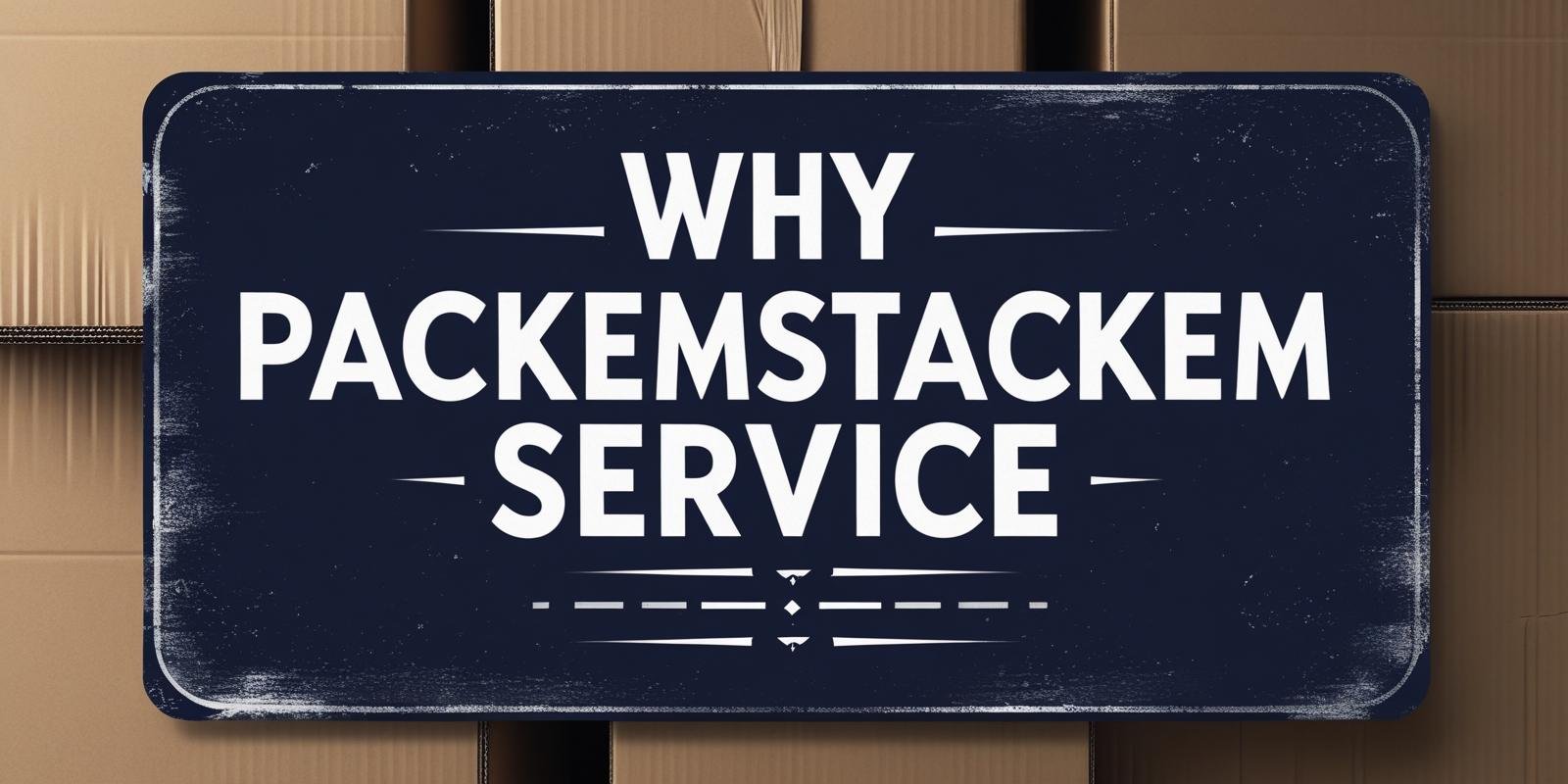 Why PackEmStackEm Service sign with dark blue background and packing boxes