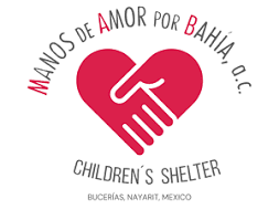 Logo of Manos de Amor por Bahía, featuring a heart-shaped design formed by two hands, with text about a childrens shelter in Mexico.