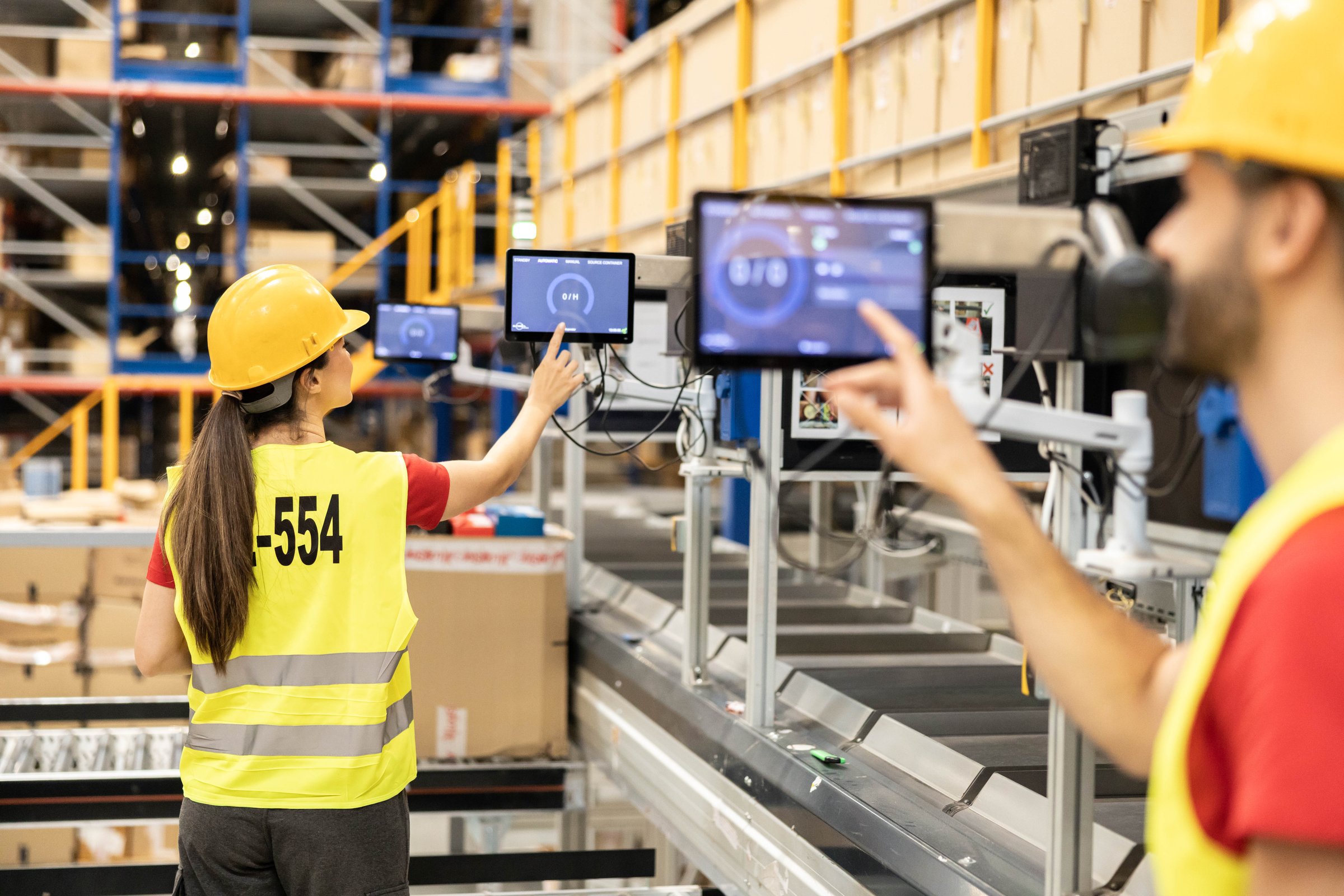 Two workers using touchscreen monitors on automated sorting line in a modern distribution center.
